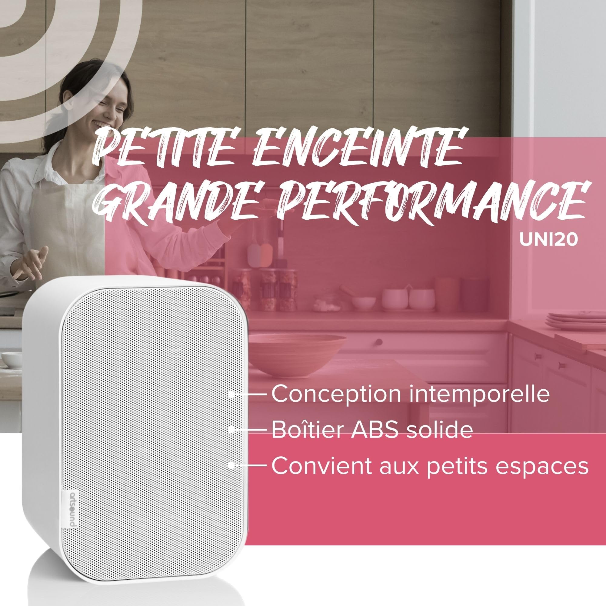Artsound UNI20, Ensemble de 2 Enceintes passives, Enceinte HiFi 2 Voies, 10-40 Watts, Support Mural avec Articulation à rotule, Convient pour des espaces jusqu'à 20 m² tels Que Couloir, Cuisine,