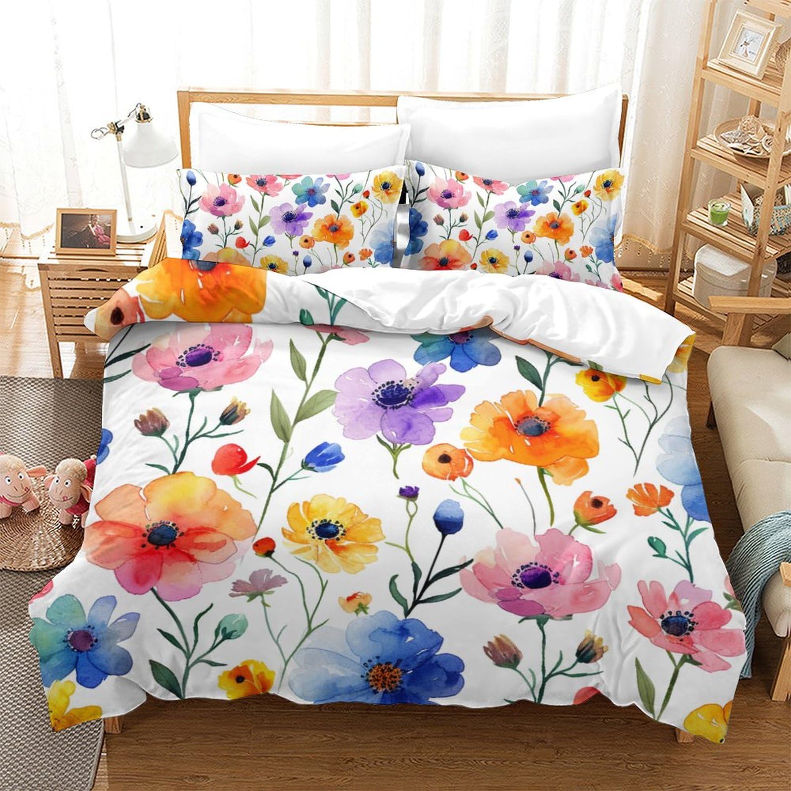 Housse de couette fleurs aquarelle 3D anti-plis et super douce pour un lit facile à refaire