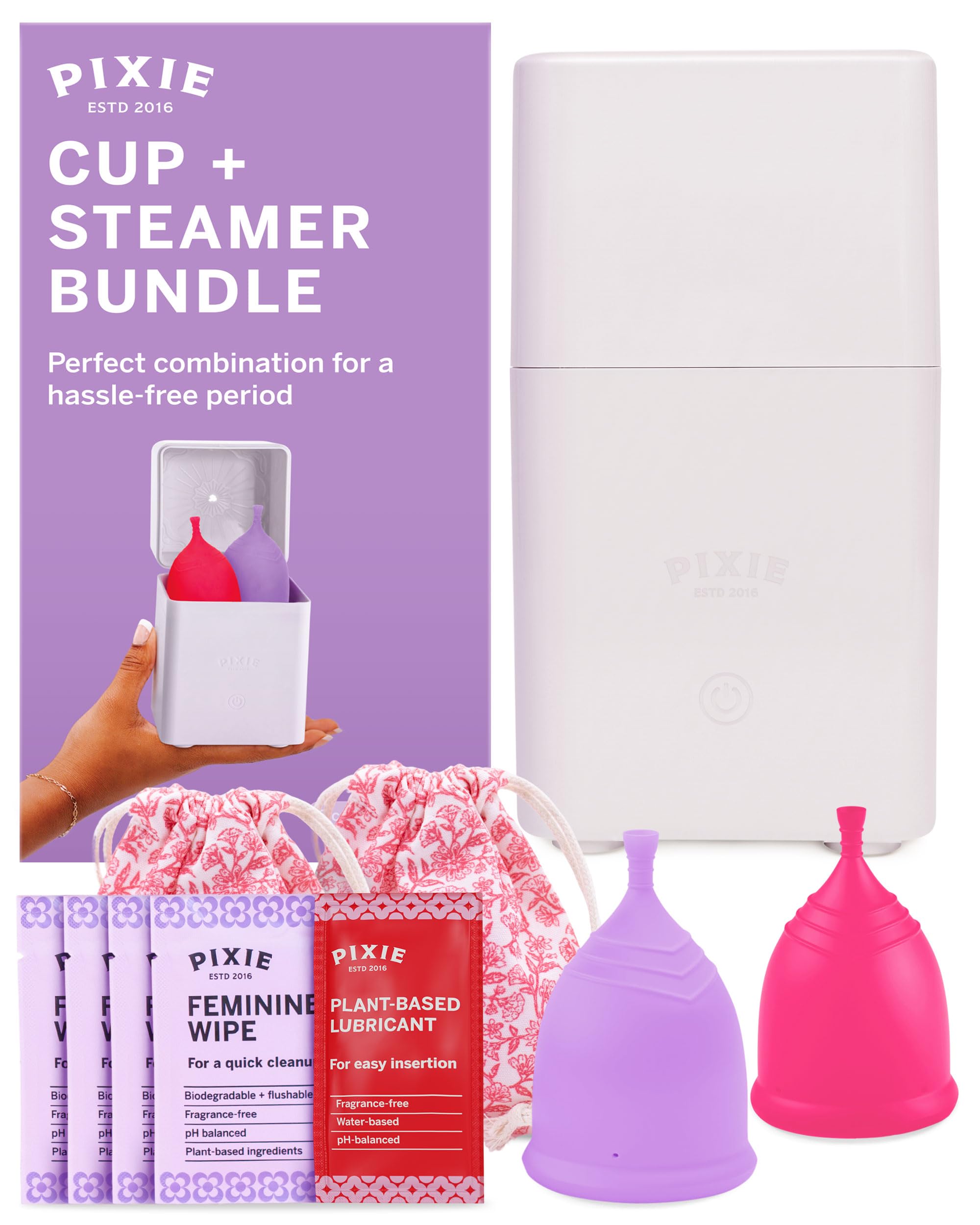 Menstruationstassen mit Sterilisator – Platz 1 der bequemsten, weichen, wiederverwendbaren Periodentassen – Tötet 99,9% der Keime mit Dampfreiniger – Reinigt in 3 Min – Kompaktes Desinfektions-Set