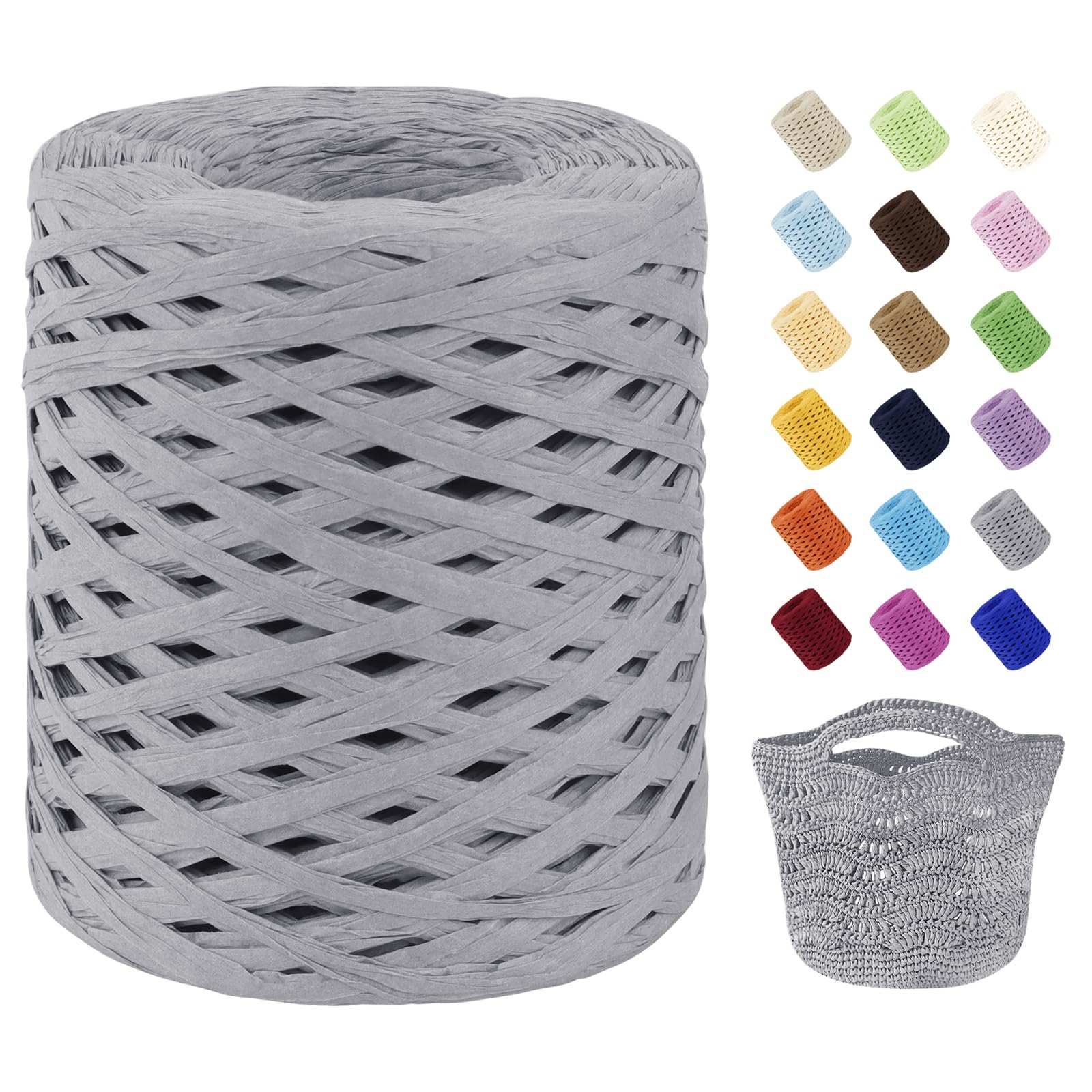 Uiopa Raffia Ribbon for Crochet, 3mm x 200m Raffia Paper Ribbon Straw Crochet Yarn for Crocheting Beach Bags, Sun Hats, Home Decor, DIY Crafts (Gray)