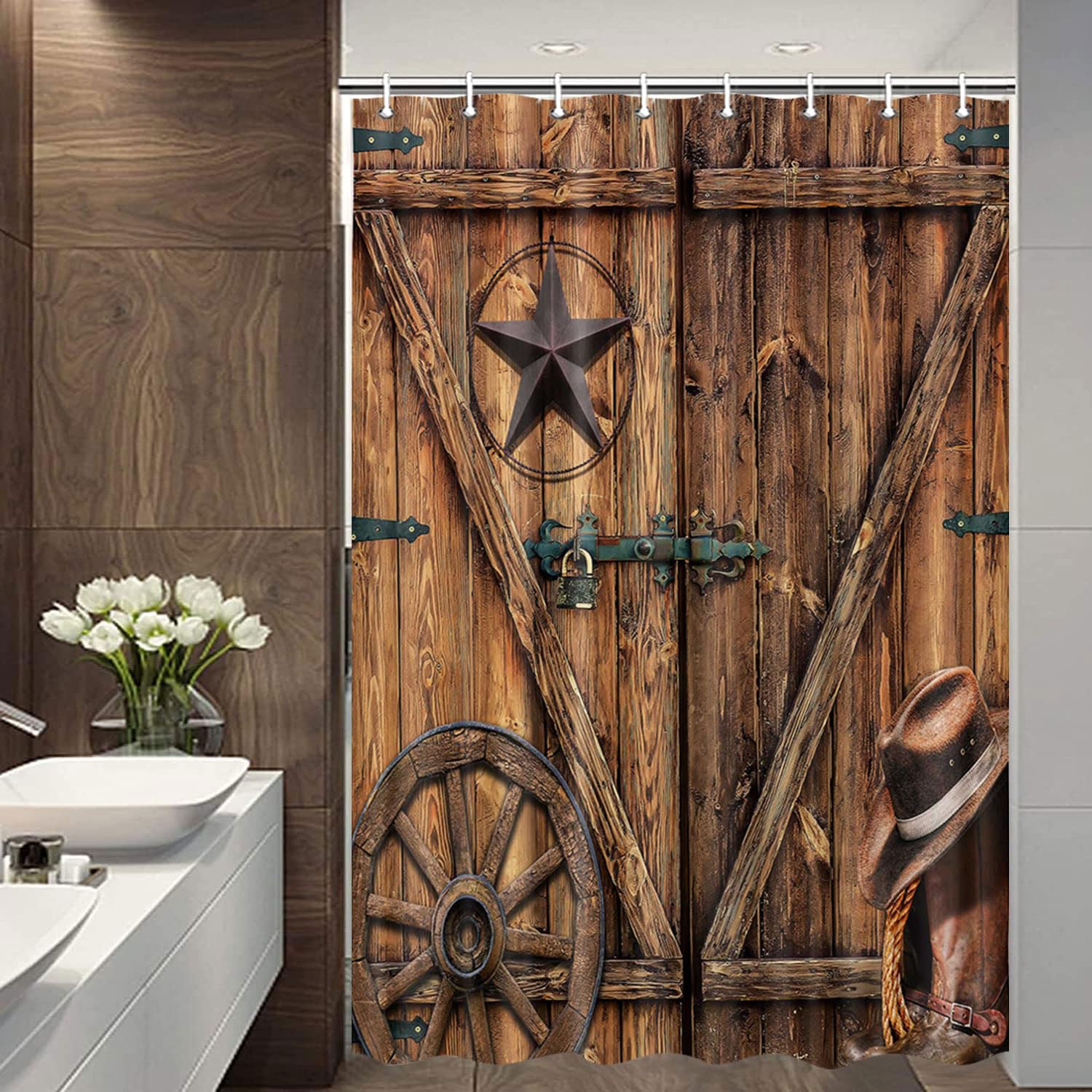 Jipusai Texas Star Western Barn Door Shower Curtain Sets for Stall Cabin,Cowboy Hat Boots Wheel RV Bath Curtain, Vintage Rustic Wooden Board