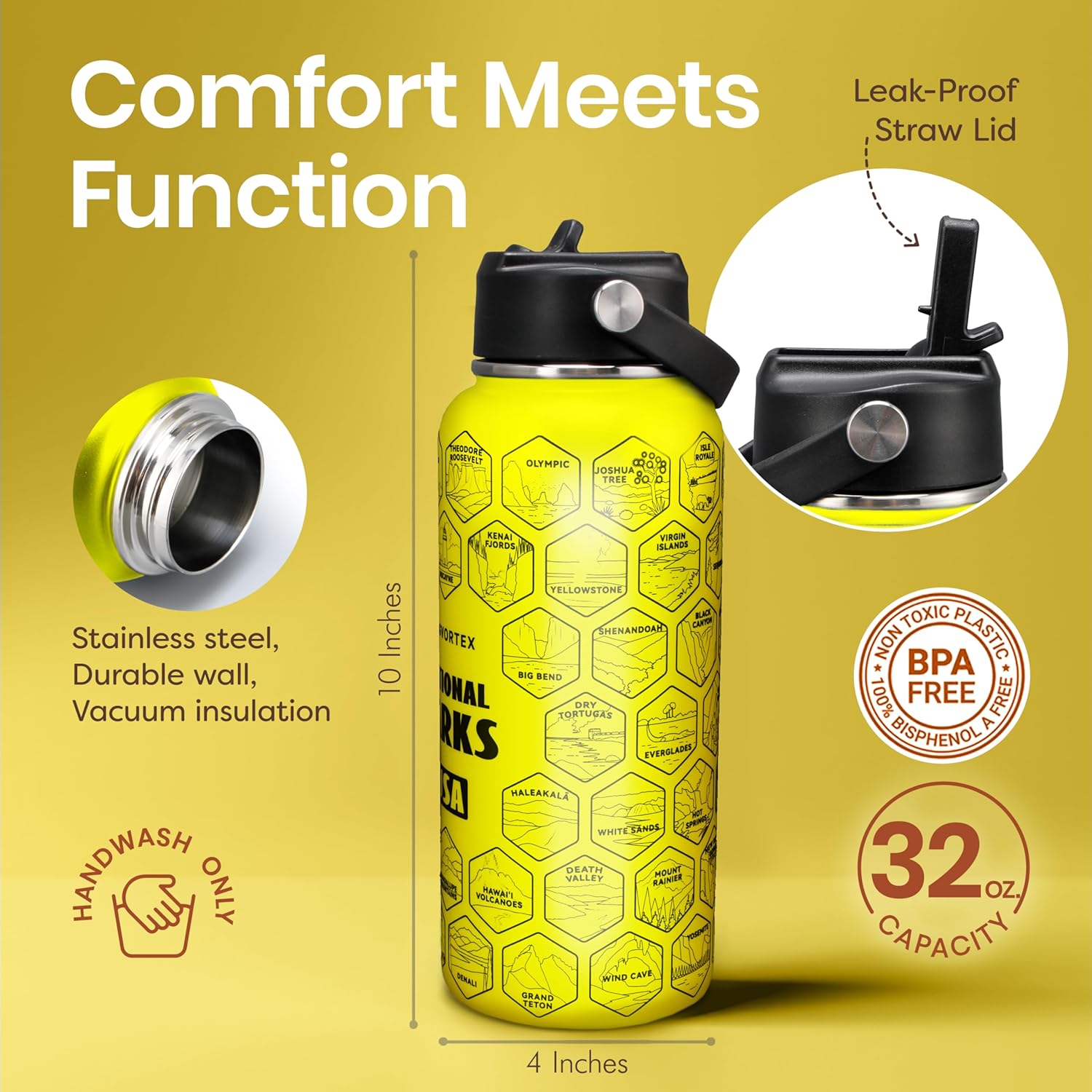 National Parks Yellow Water Bottle with Durable Stickers – 32oz Insulated Stainless Steel Water Bottle with Spout Lid – Insulated for Cold and Hot Drinks – Metal Bottle for Gym, Hiking, Camping - Image 4