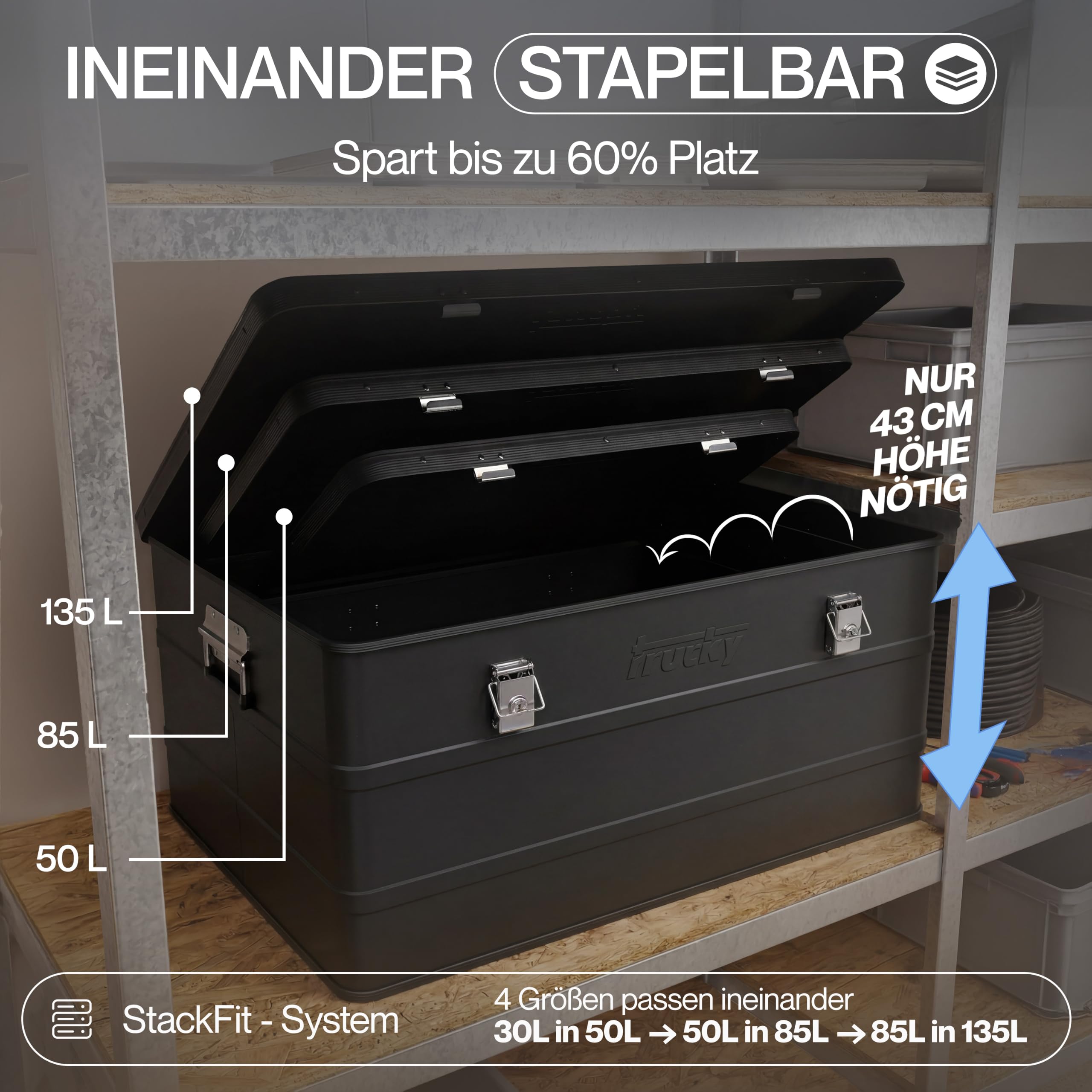 Trucky Caja de aluminio con tapa, 65 L, color negro | 57 x 38 x 38 cm, caja de transporte, caja de metal, caja de almacenamiento, caja de metal