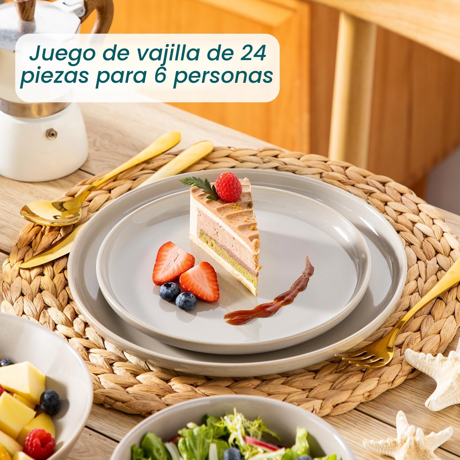 vancasso PLAYA Vajillas Completas 6 Personas, Vajilla Modernas 24 Piezas de Gres - 6 Platos Llanos, 6 Platos de Postre, 6 Platos Hondos y 6 Cuencos - Esmaltado Reactivo Gris, Apto para Lavavajillas