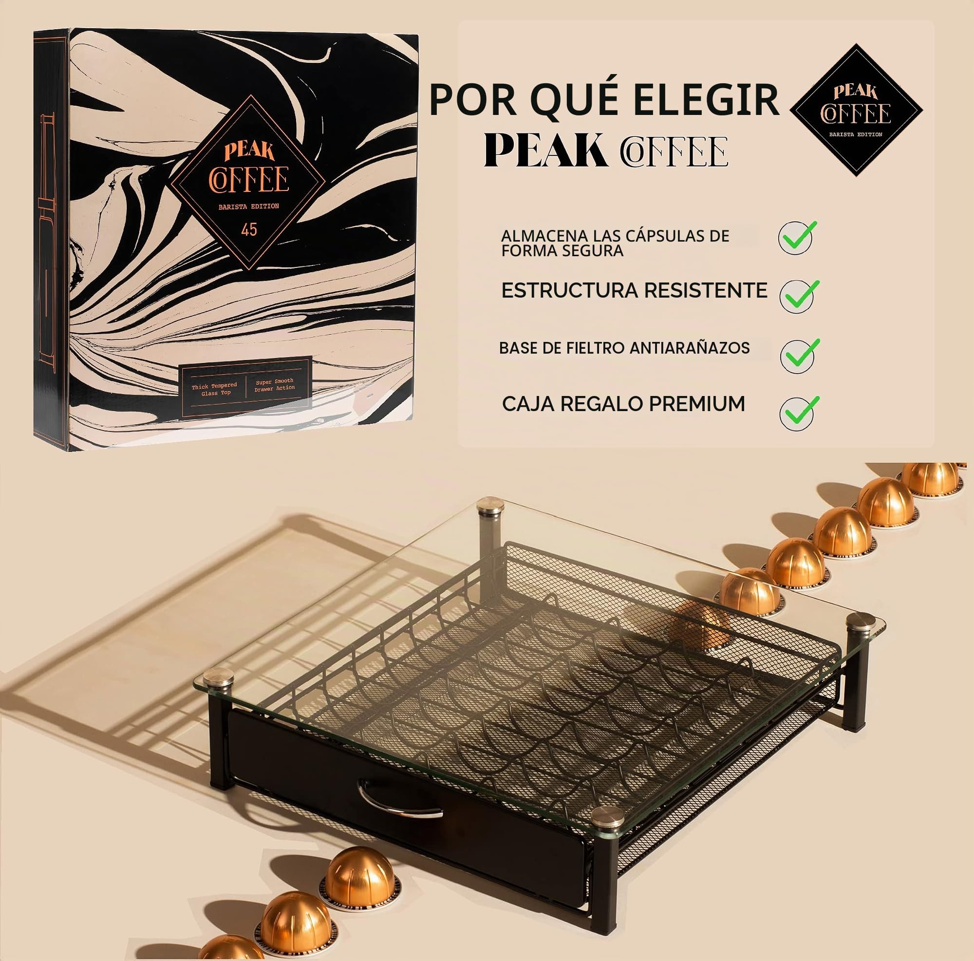 Peak Coffee - Bandeja corredera de almacenamiento para cápsulas Nespresso Vertuo, 45 cápsulas – Estructura de cristal y metal negro para cápsulas de café Nespresso Vertuo – 36 x 37 x 8,5 cm