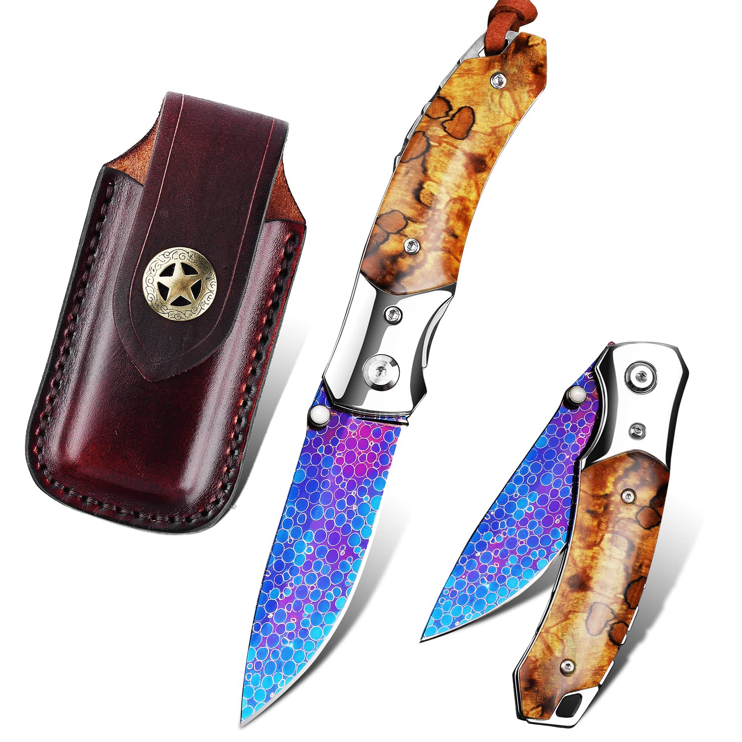 Amazon.com: FORESAIL Hand Forged Damascus Pocket knives - Lightweight  Folding Knife,3.15" Blade,Stabilized Spalted Maple Wood Handle，with Cowhide Sheath  Good for Camping Outdoor : Tools & Home Improvement