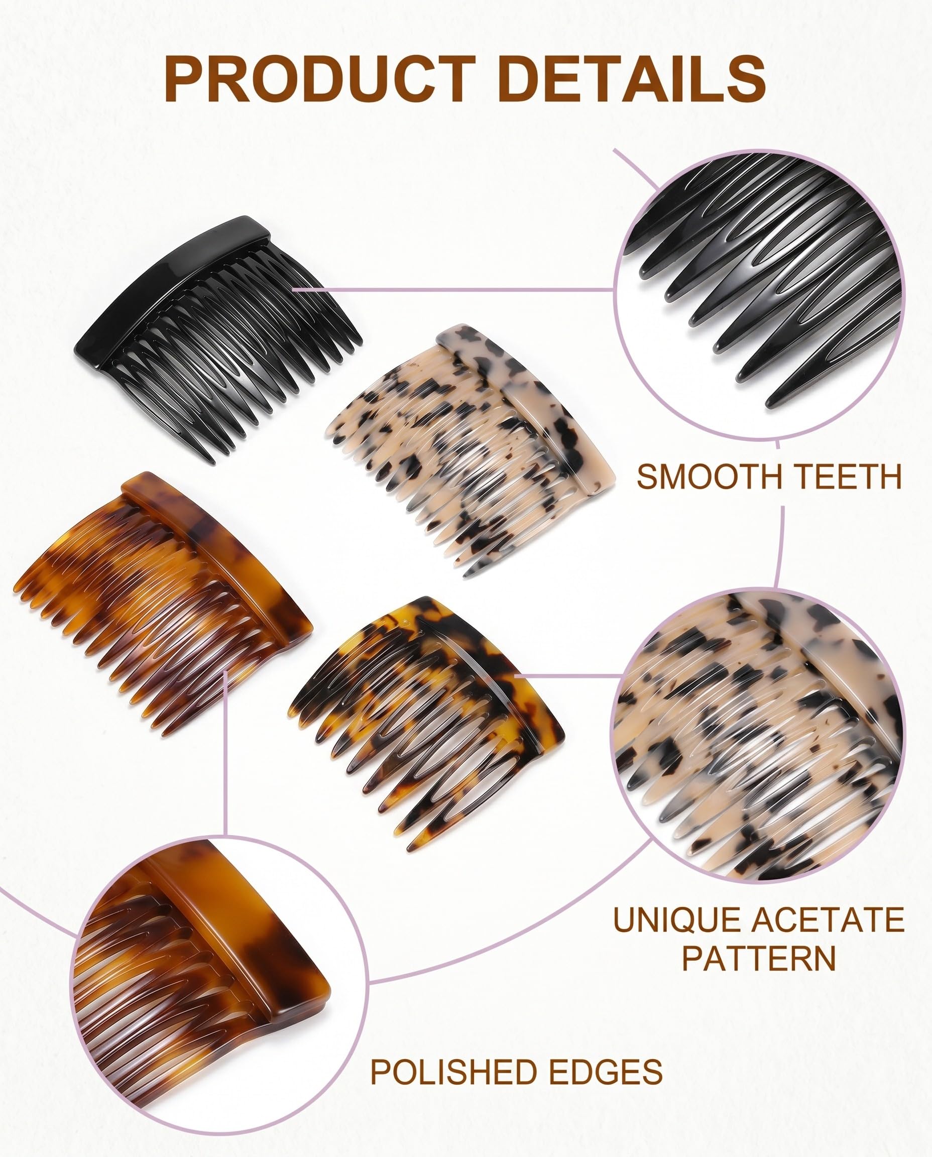 4 Peinetas para el Pelo de Acetato Estilo Francés, Elegantes para Moños y Recogidos. Horquillas decorativas duraderas para mujer.