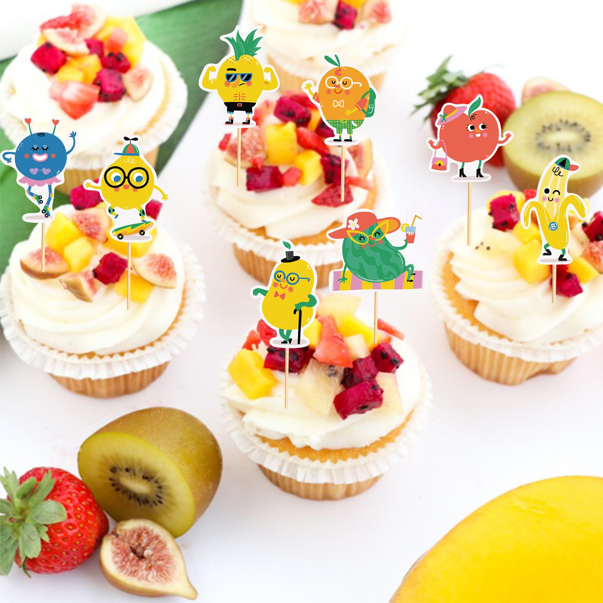 Arthsdite 24pcs Fruit Cupcake Toppers Anthropomorphic Fruit Theme Kawaii Watermelon Apple Banana Lemon Pineapple Strawberry Cupcake Picks for Kid Baby Shower Summer Decorations - Image 4