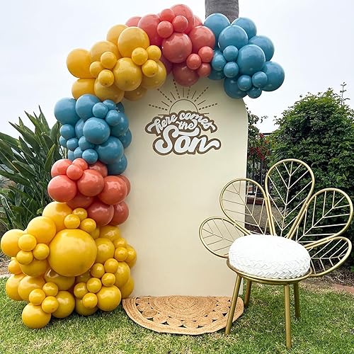 Miniatura 5 de Here Comes the Son - Kit de guirnalda de arco de globos, 147 globos bohemios, retro, azul polvoriento, naranja quemado, mostaza, amarillo para baby