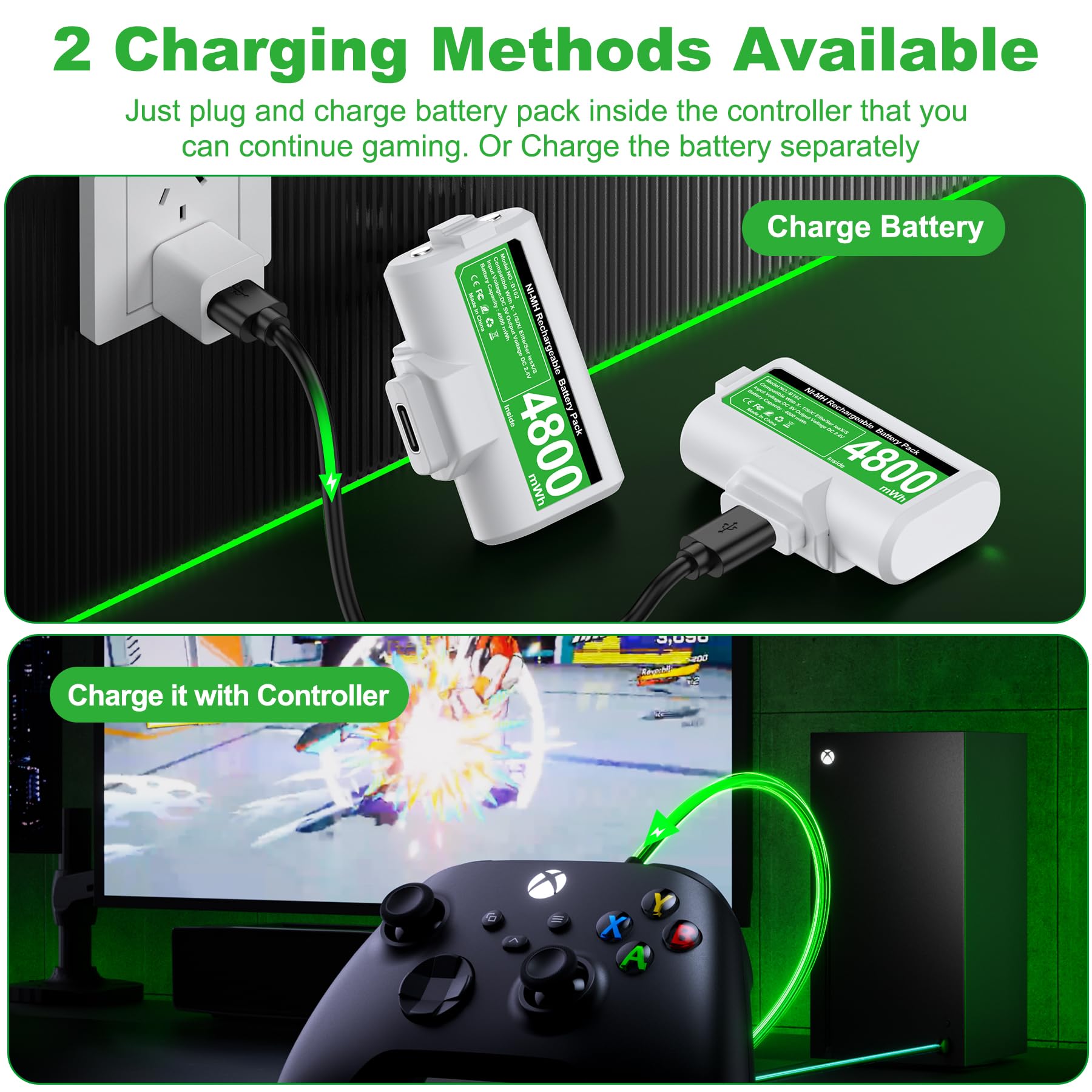 HEYLICOOL Batterie ricaricabili per controller Xbox One/Xbox Series X|S, 2 x 4800 mWh, kit di gioco e ricarica per Xbox Series X/S, Xbox One/Elite, Xbox One S/X con indicatore LED