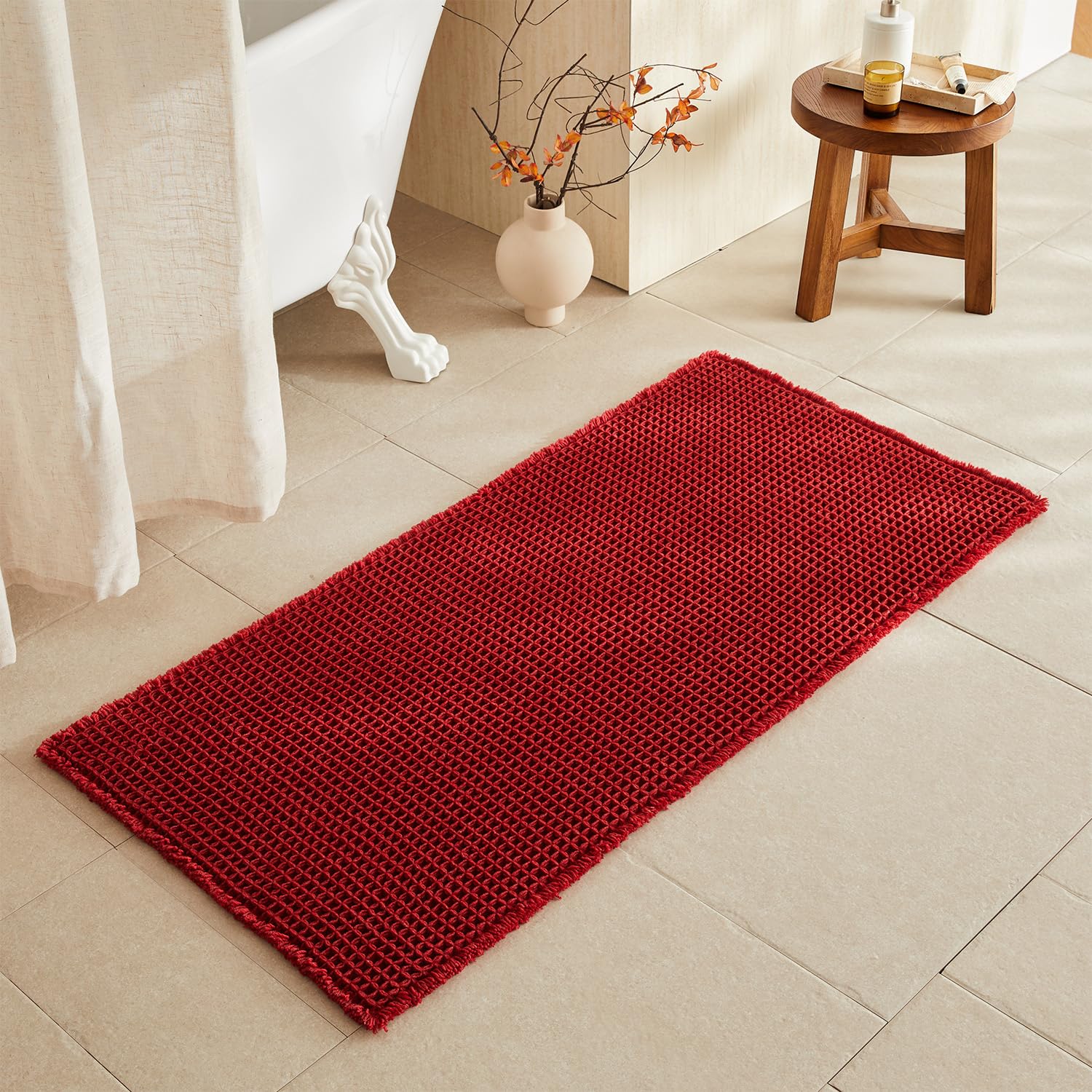 TYUU Waffle Bath Mat, Boho Bathroom Rugs Non Slip, 48x24 Burgundy