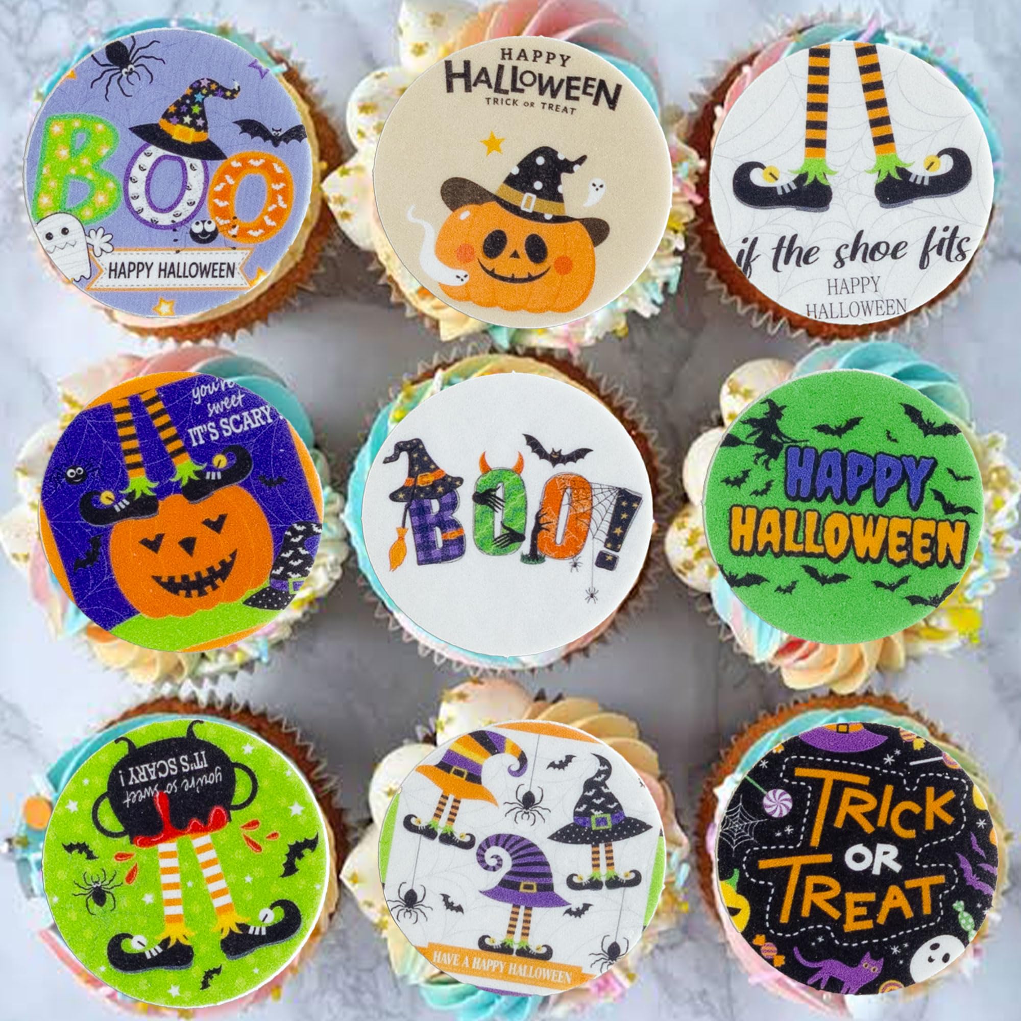 Gyufise 54Pcs Edible Halloween Cupcake Toppers Wafer Paper Pumpkin Skull Ghost Cake Decorations Trick or Treat Cupcake Picks for Halloween Theme Party Supplies Green Orange