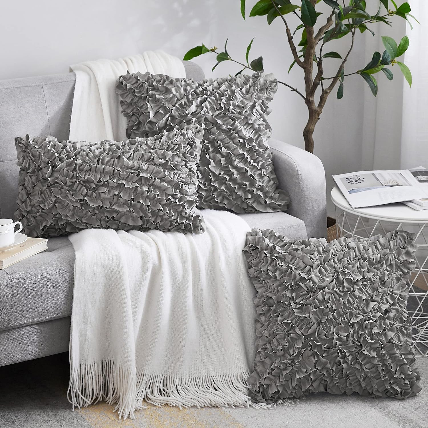Oubonun 20 x 20 Decorative Throw Pillow Covers Boho Set of 2 - Farmhouse Floral Pillow Covers - Polyester Pillowcase with Zipper - Romantic Fluffy Soft Pillow Covers for Couch Sofa Bed(Grey)