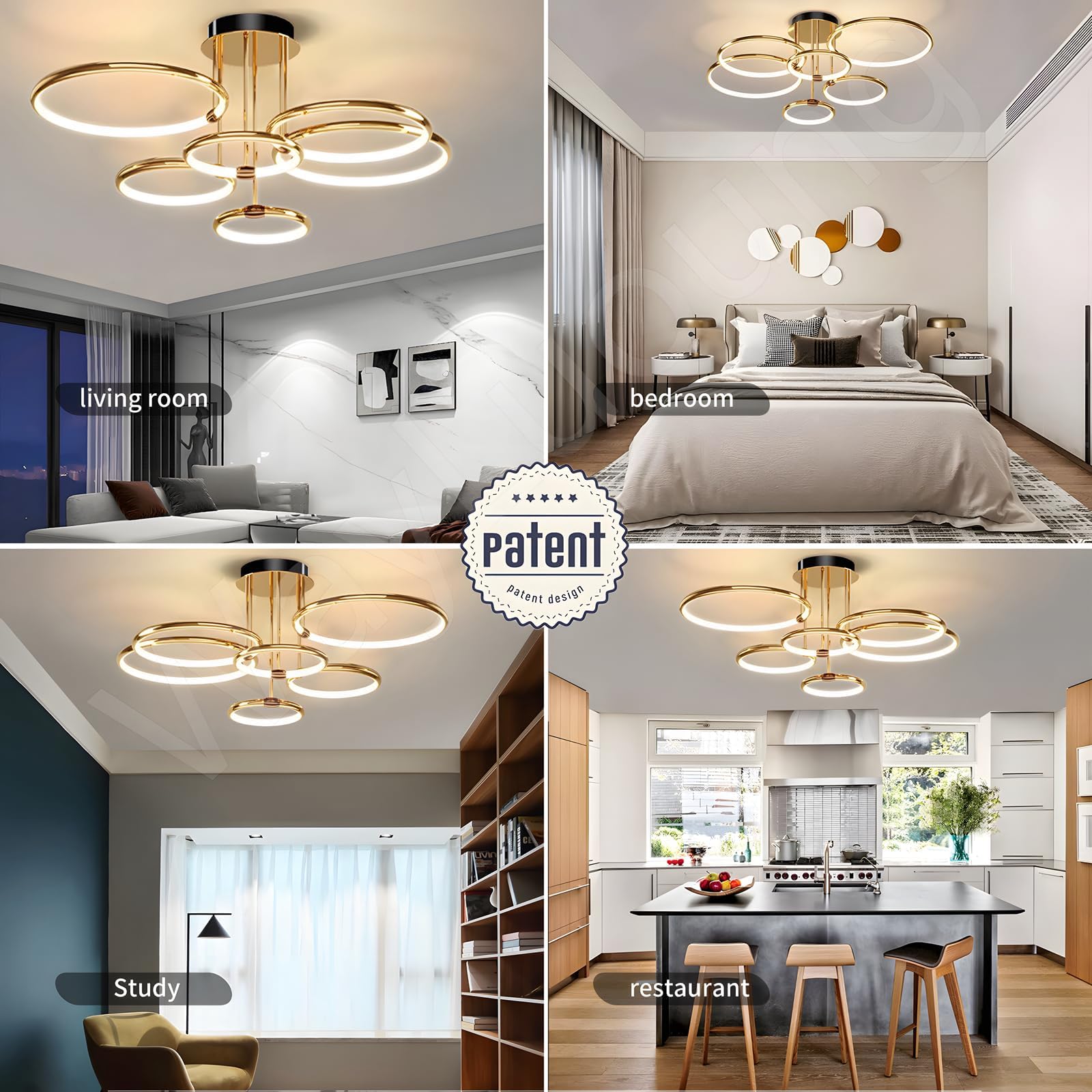 LED Plafoniera, Ø105cm Lampadario Cerchio In Metallo Dorato, 145W Dimmerabile Continuo 3000-6000K, Lampadario Rotondo Moderno In Placca Camera Letto Soggiorno Bambini Ufficio Studio (6 Anelli)