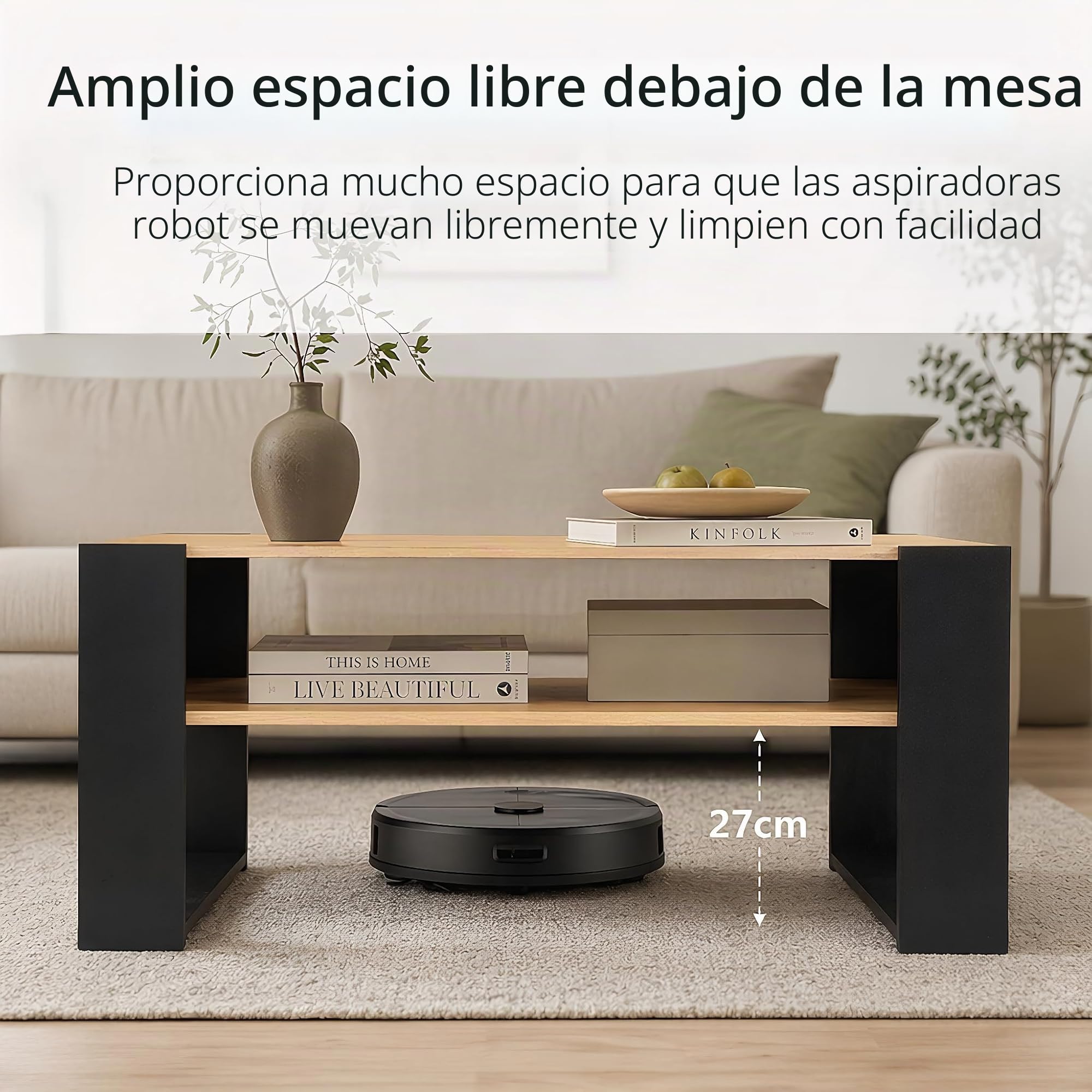 Mesa de Centro con LED y Espacio de Almacenamiento, Mesa de Salón de Madera, Moderna Mesa Baja Salon con Patas en Forma de U, para Salón, Rectangular, 92 x 47 x 45 cm, Madera y Negro