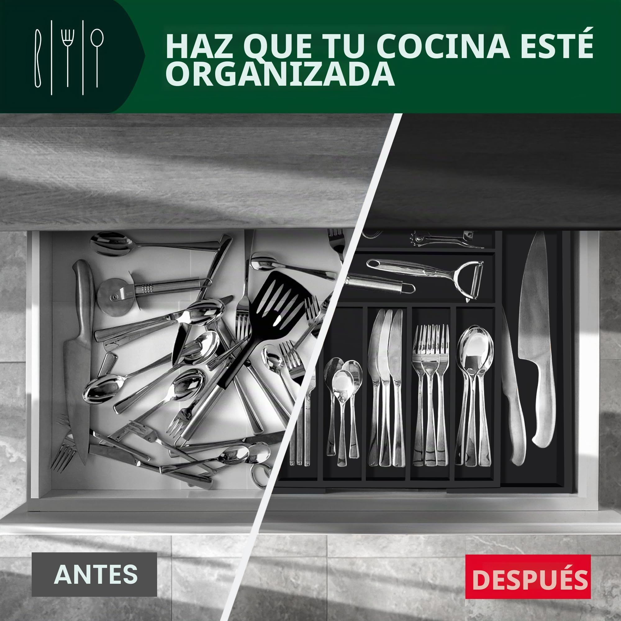 ROYAL CRAFT WOOD Organizador de cajones de cocina de bambú de lujo, organizador de cubiertos, soporte para utensilios y bandeja de cubiertos con separadores ranurados para cubiertos y utensilios de