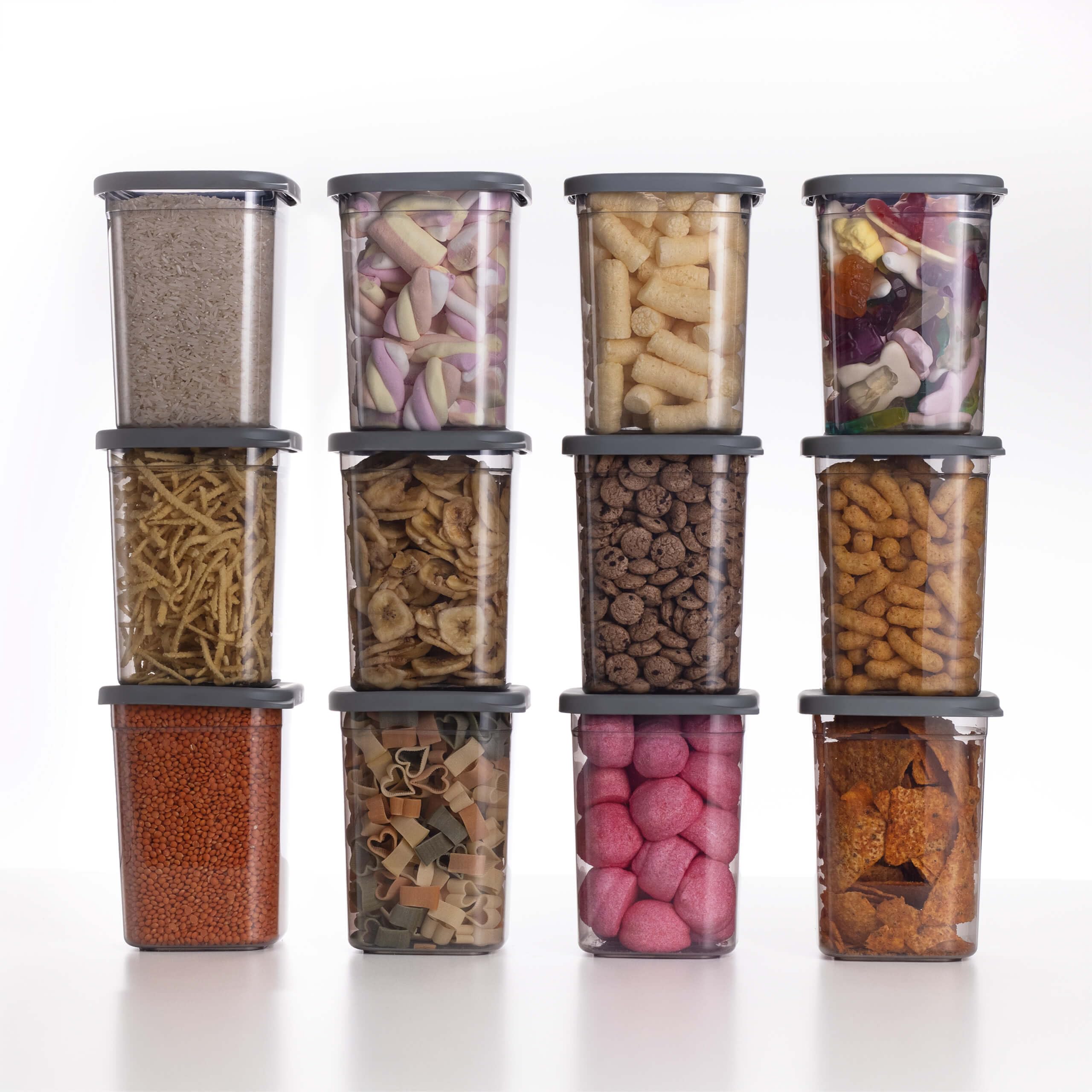 QOONA Luftdichte Vorratsdosen mit Deckel [1000ml - 12er-Set] Anthrazit - Stapelbar & platzsparend für die Küche, Mehl Aufbewahrung, Food Container, Vorratsbehälter, Aufbewahrungsbox