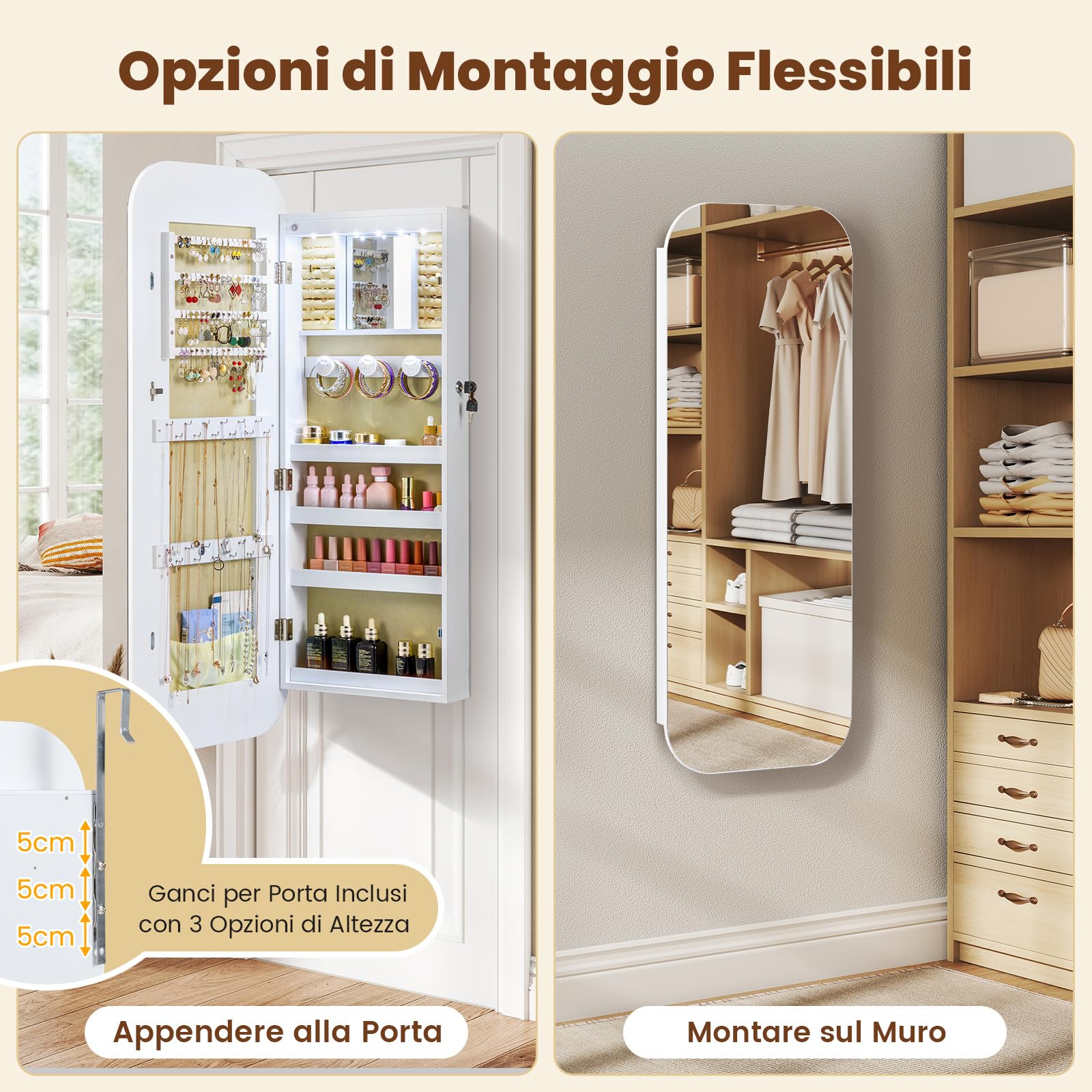 COSTWAY Specchio Portagioie da Parete, con 6 Luci LED | Armadietto per Gioielli a Muro, Ganci e Scomparto, Portagioie Donna Salvaspazio con Serratura per Camera da Letto