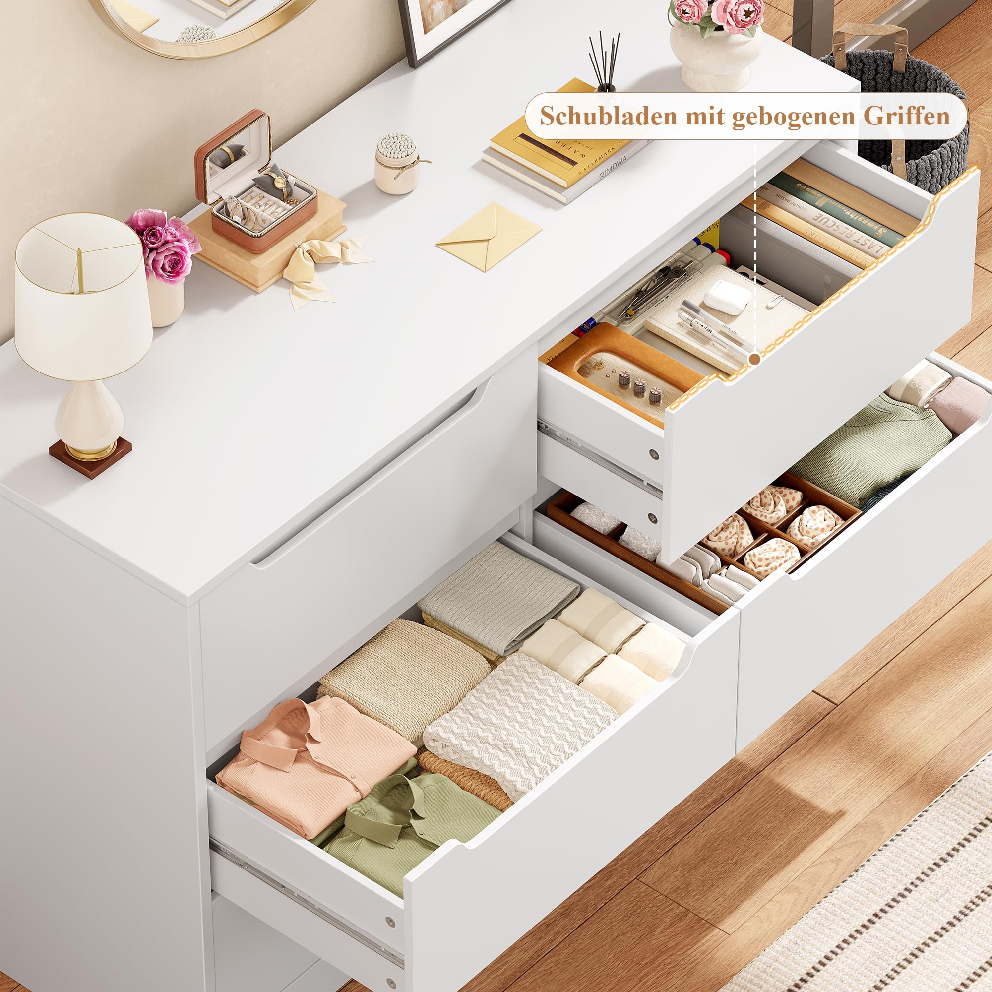 HOCSOK Kommode mit 6 Schubladen, Sideboard Schubladenschrank aus Holz, Kommode für Schlafzimmer, Wohnzimmer, Flur, Modern, 108 x 82,5 x 39 cm