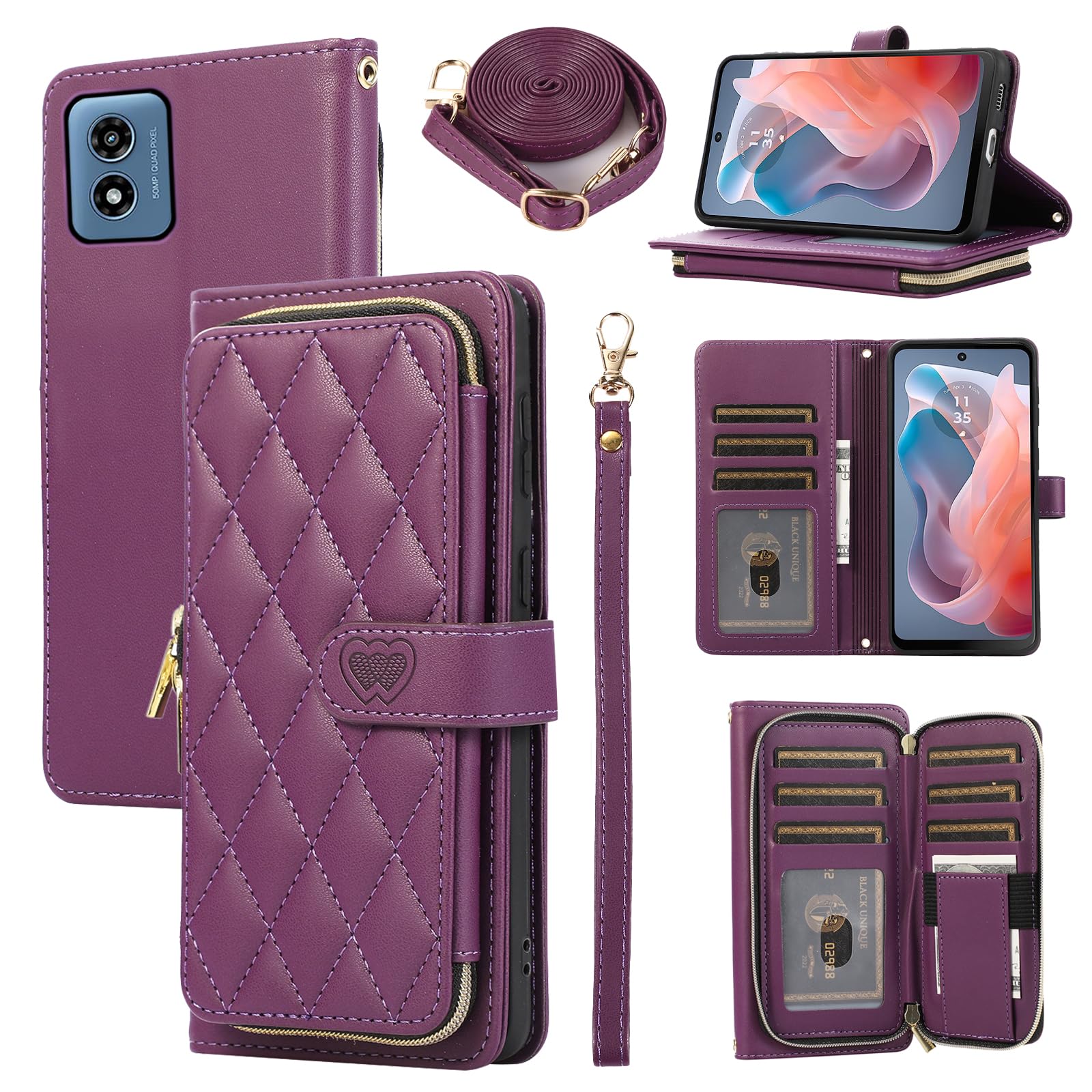 Furiet Argyle Wallet Case for Motorola G Play 5G 2024 with Wrist Strap Shoulder Strap 9+ Card Slot Zipper Purse Luxury PU Leather Stand Cell Phone Cover for Moto G Play 5G 2024 Women Girls Deep Purple