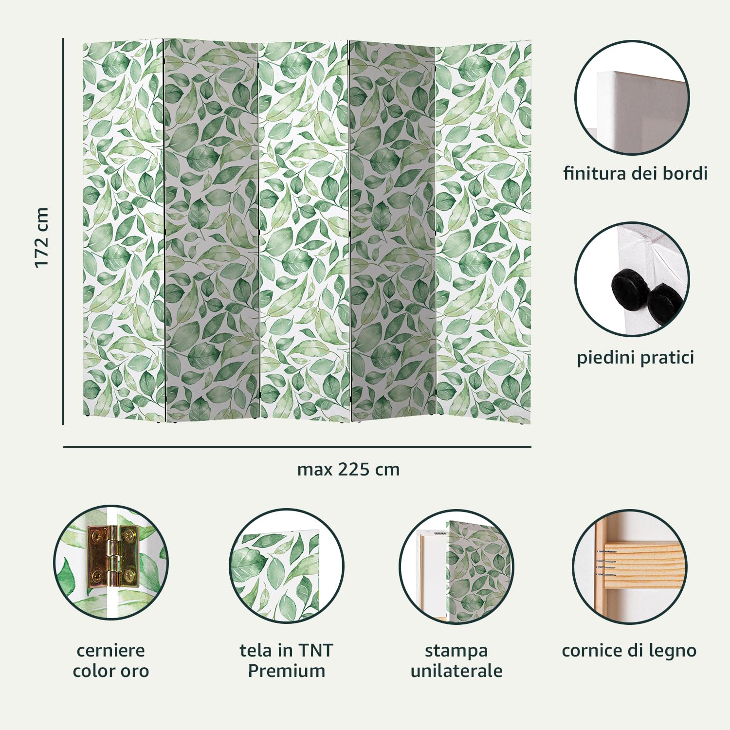 Decomonkey Paravento Divisorio Per Interni 225x172 Cm – 5 Ante In Legno Con Tela Astratta – Elemento D'Arredo Funzionale - 5