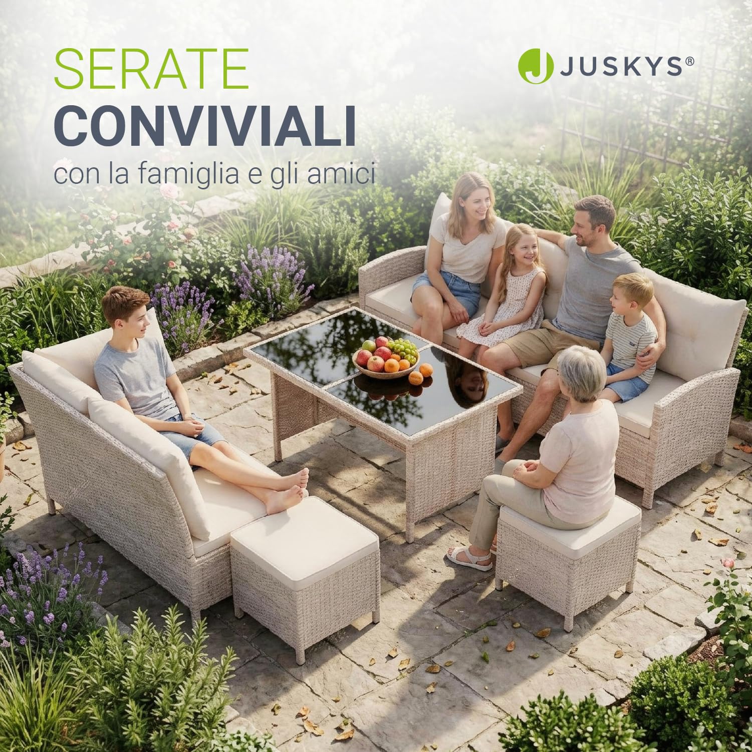 Juskys® Salotto da giardino Manacor in rattan sintetico con divano modulare, tavolo pranzo, sgabelli + cuscini crema/sabbia arredo esterno durevole 7 persone