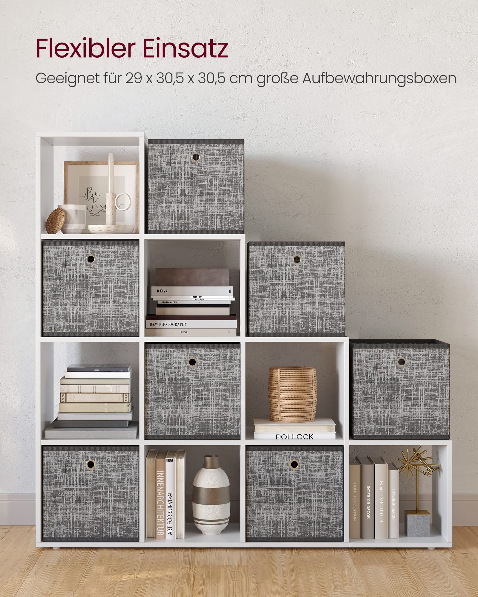 VASAGLE Custos Kollektion - Bücherregal mit 10 Fächern, Regal offen, Stufenregal, Ordnungssystem für Deko, Pflanzen, Wohnzimmer Schlafzimmer, 27 x 129,5 x 129,5 cm, wolkenweiß LBC10WTV2 | Stufenregal, Standregal, Raumteiler, Büro, Wohnzimmer, Schlafzimmer