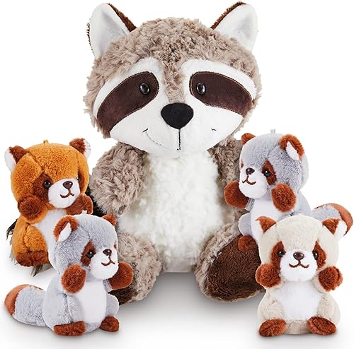 Leitee 5 piezas de mapache de peluche grande de mamá mapache con 4 pequeños bebés de peluche lindo mapache suave de peluche para niños, juguetes de