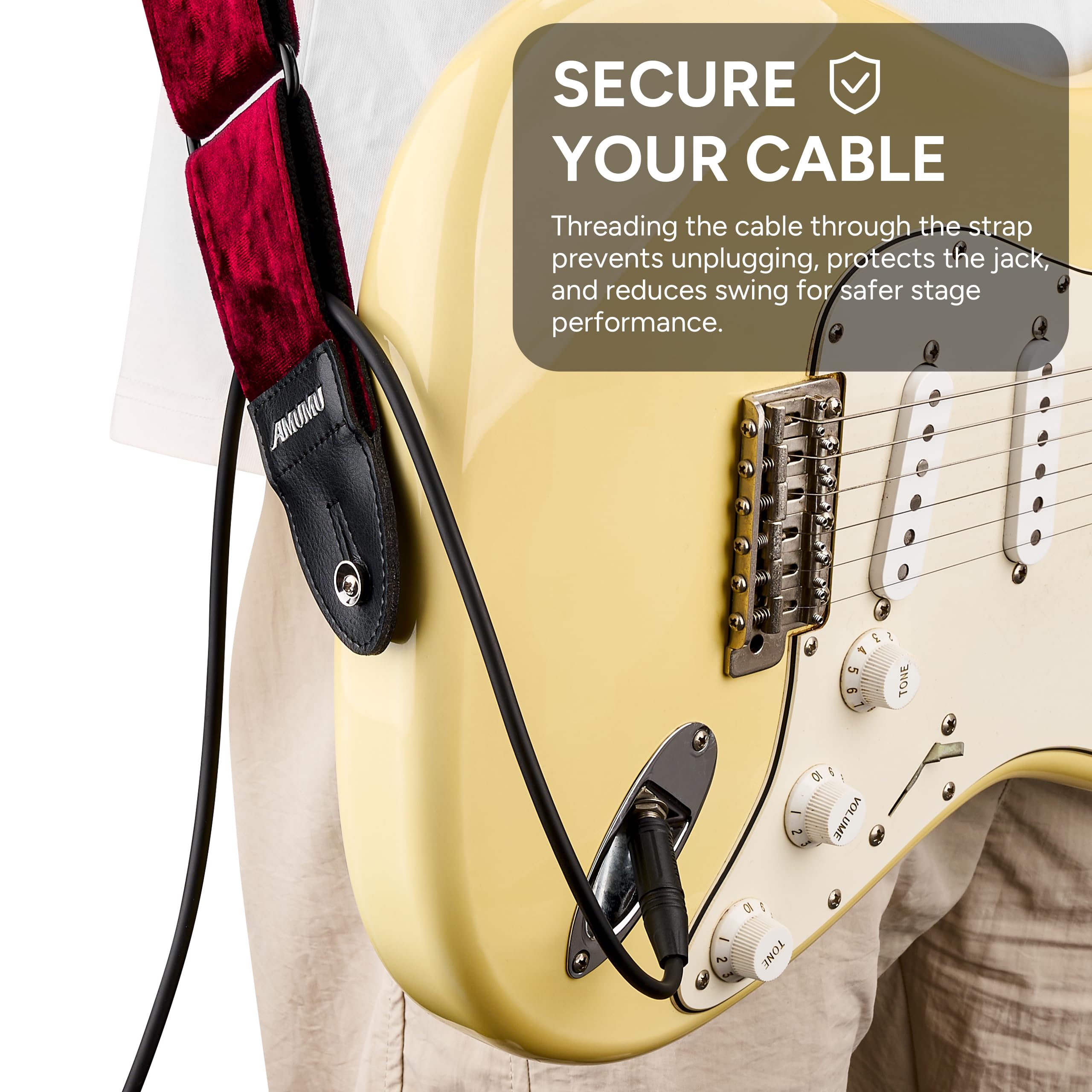 Amumu Sangle de guitare en velours floqué avec extrémités en cuir microfibre – Accessoires de guitare – Convient aux guitares acoustiques, basses, électriques