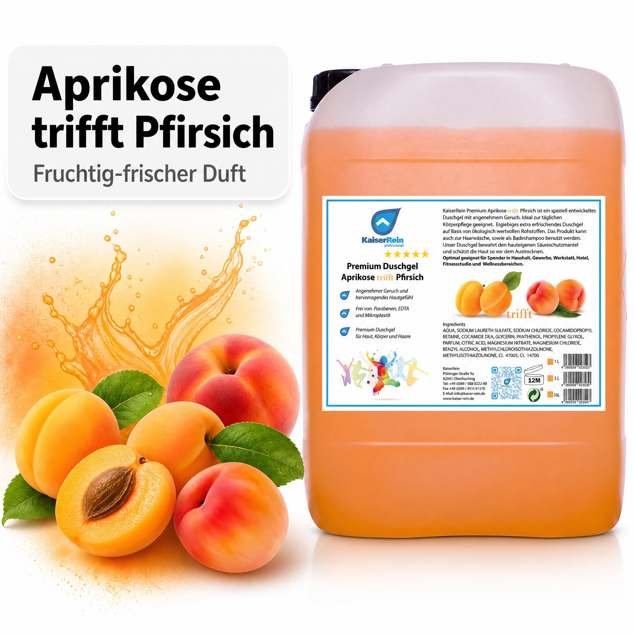 KaiserRein Duschgel Aprikose-Pfirsich, 10 L Nachfüllkanister, 3-in-1 Duschgel Shampoo Badezusatz, für Spender, fruchtiger Duft, mikroplastikfrei, ohne Parabene & EDTA