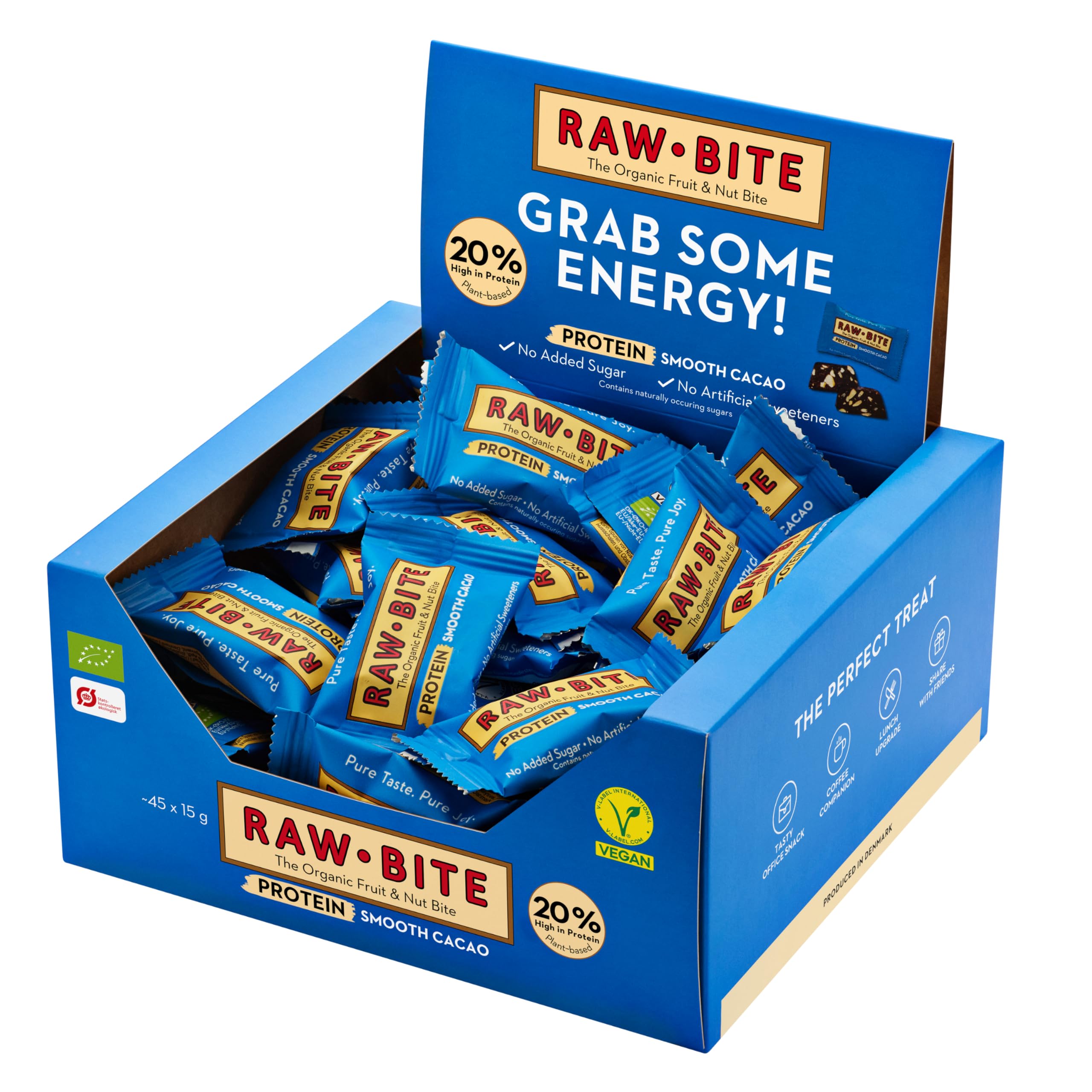 RAWBITE PROTEIN Riegel mit 21g Eiweiß I 45 Bio Proteinriegel in der Office Box I Reisprotein, Datteln, Cashews, Vanilla & Kakao I Vegan, glutenfrei, laktosefrei I enthält natürlichen Zucker I 45 x 15g