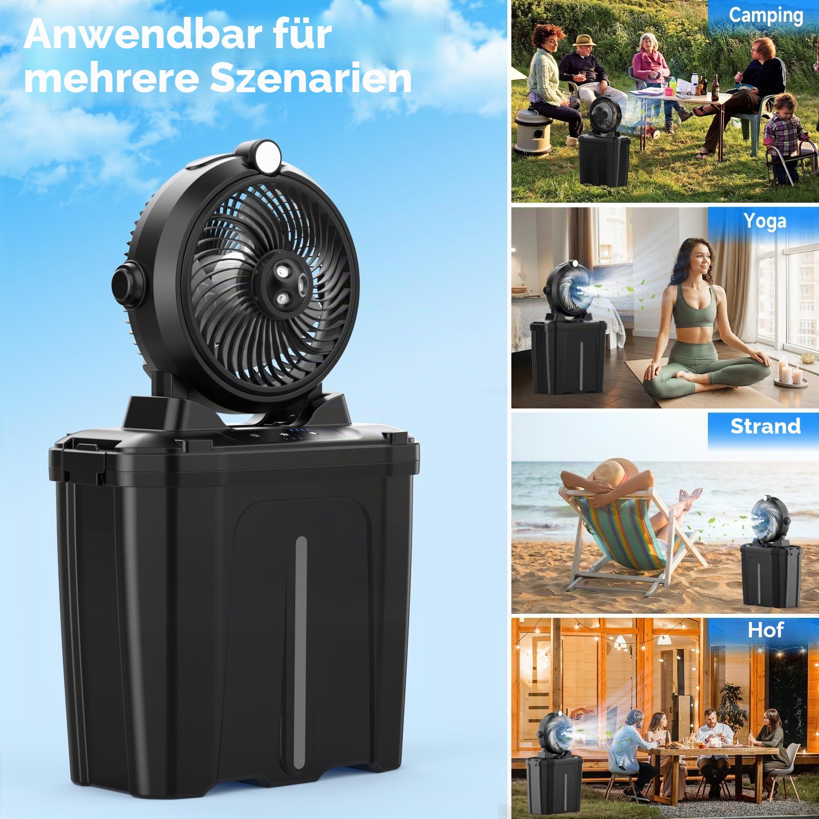 Tragbarer Nebelventilator mit 11-Liter-Eimer und 20.000 mAh Akku, wiederaufladbarer, batteriebetriebener Ventilator für Terrassen mit Nachtlicht, 3 Windgeschwindigkeiten und 3 Sprühnebel, Camping