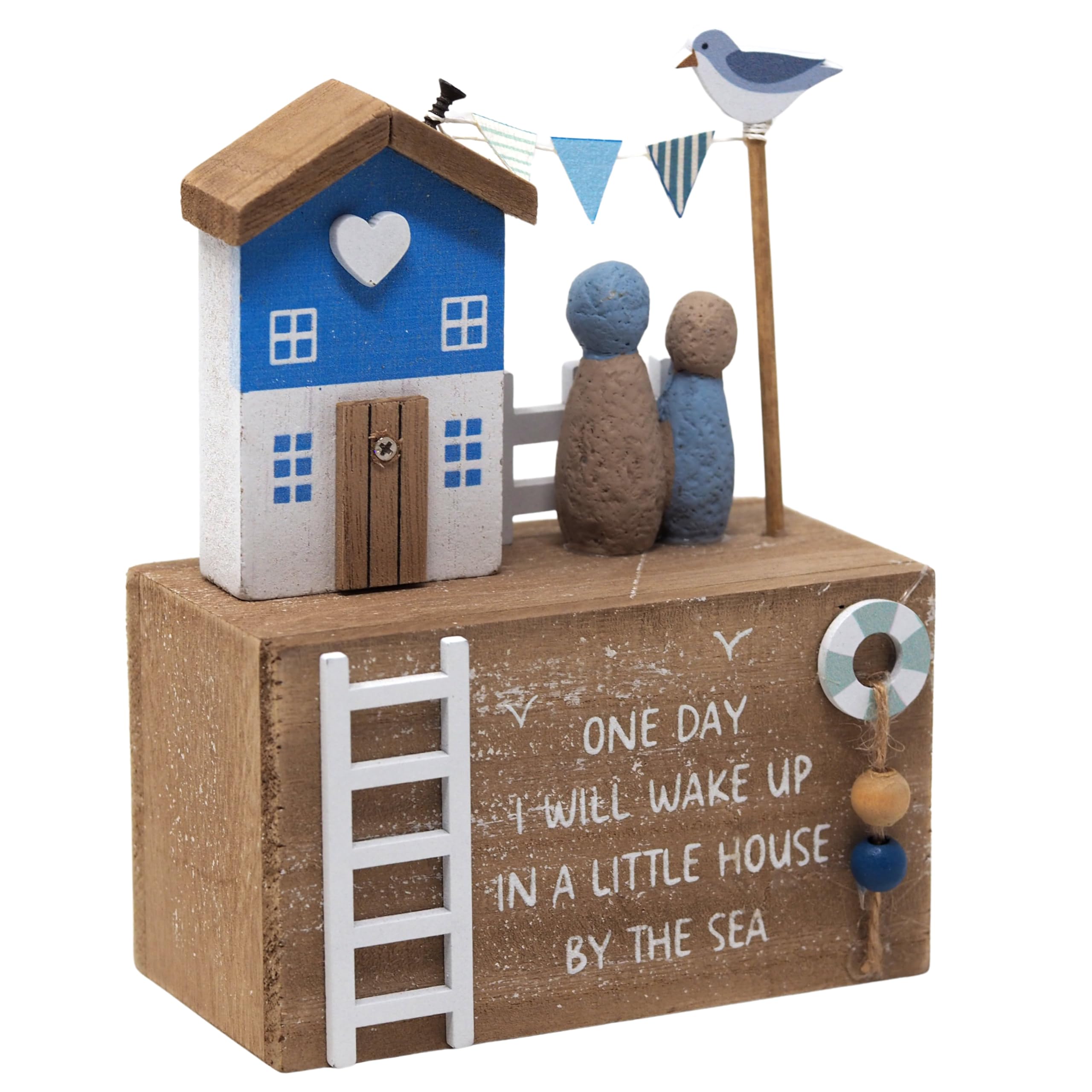 Blue Whale Gifts Multicolor Seaside Wooden House Ornament With Couple And Seagull Coastal One Day Quote