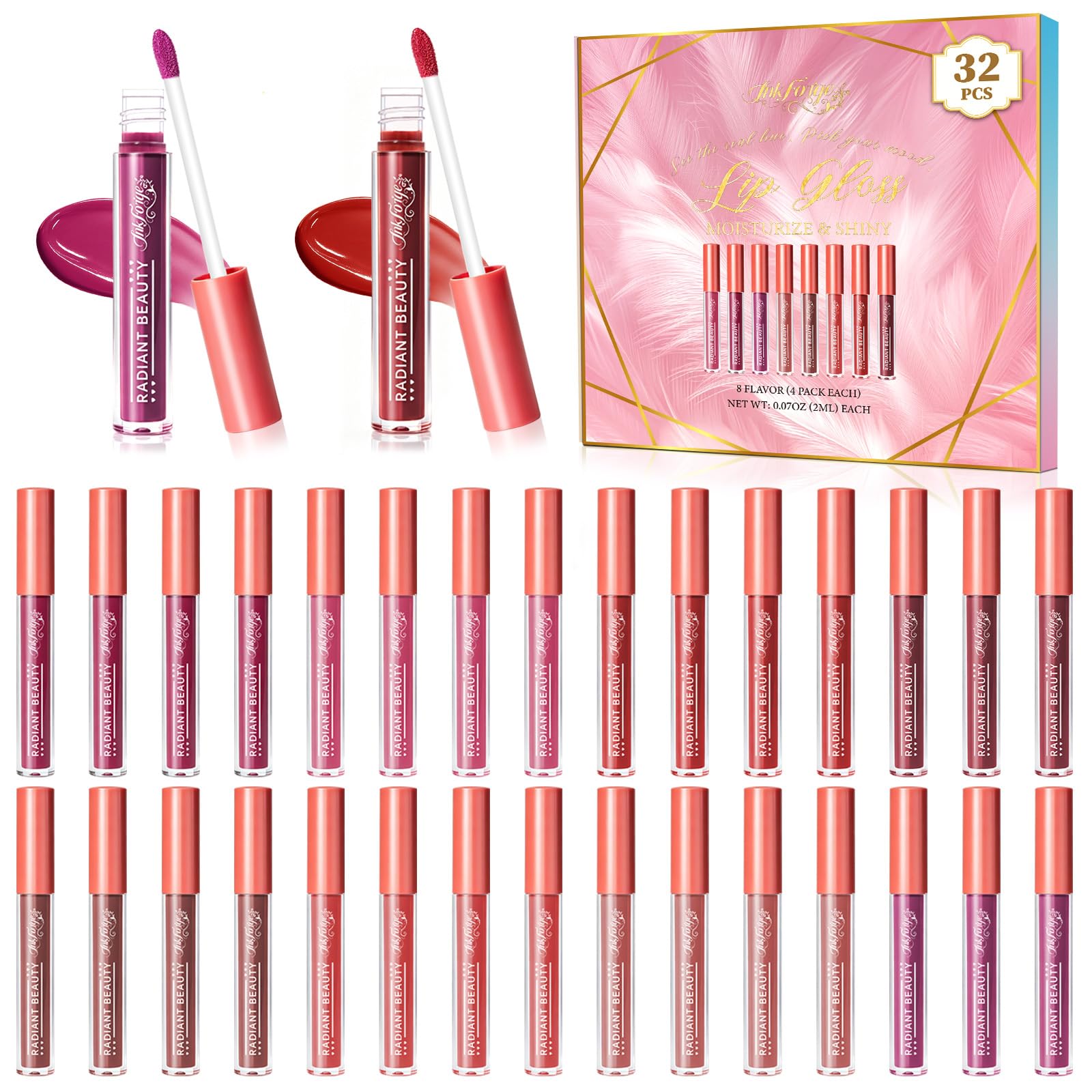 32 Pack Tint Lip Gloss Bulk,Mirror Glazed Lip Oil with Plumping Juicy Shine