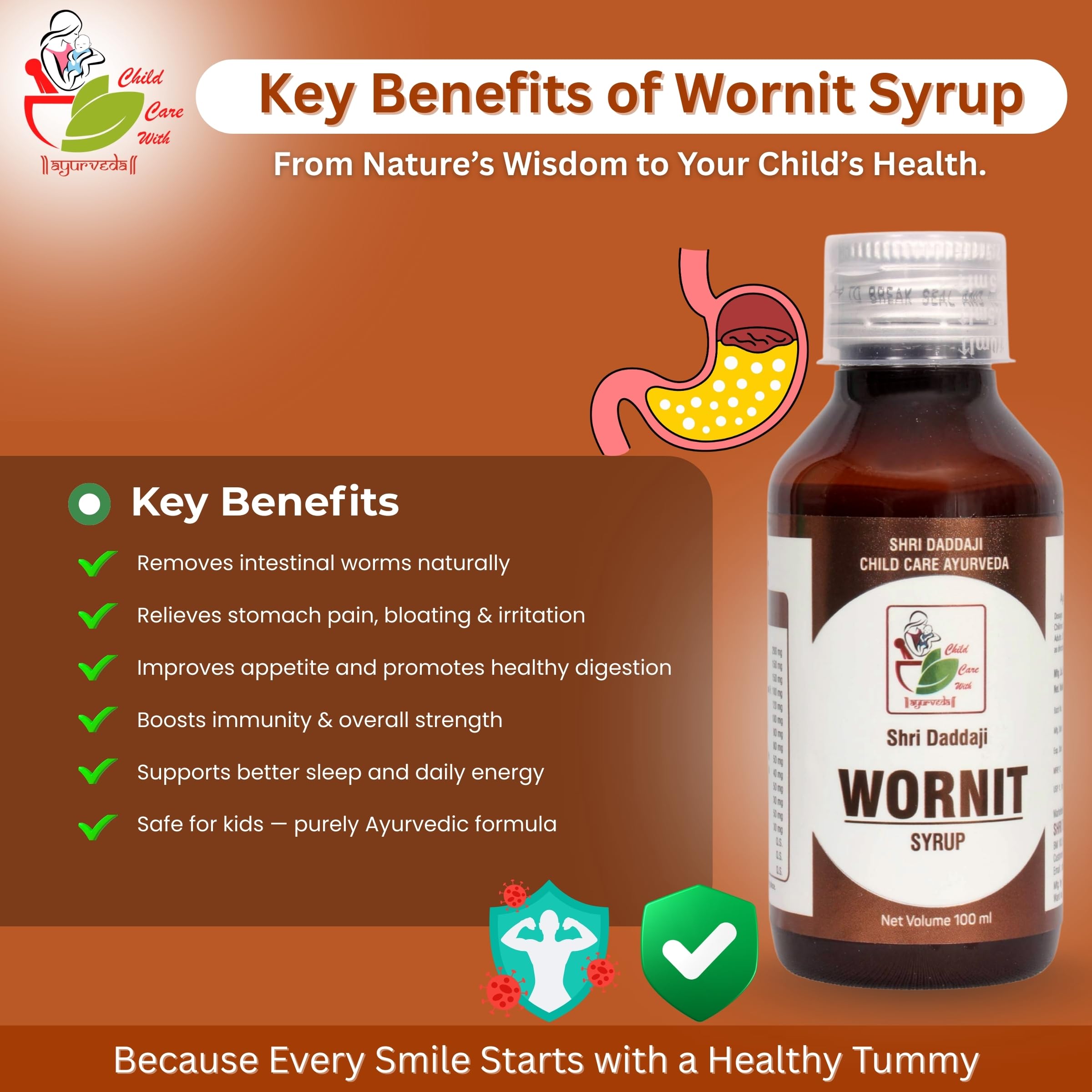 Shri Daddaji Wornit Syrup for Kids – Ayurvedic Deworming Tonic | Relief from Stomach Worms, Gas, Indigestion & Poor Appetite | Digestive Health Support | Safe for Children | 100 ml - Image 5 thumbnail