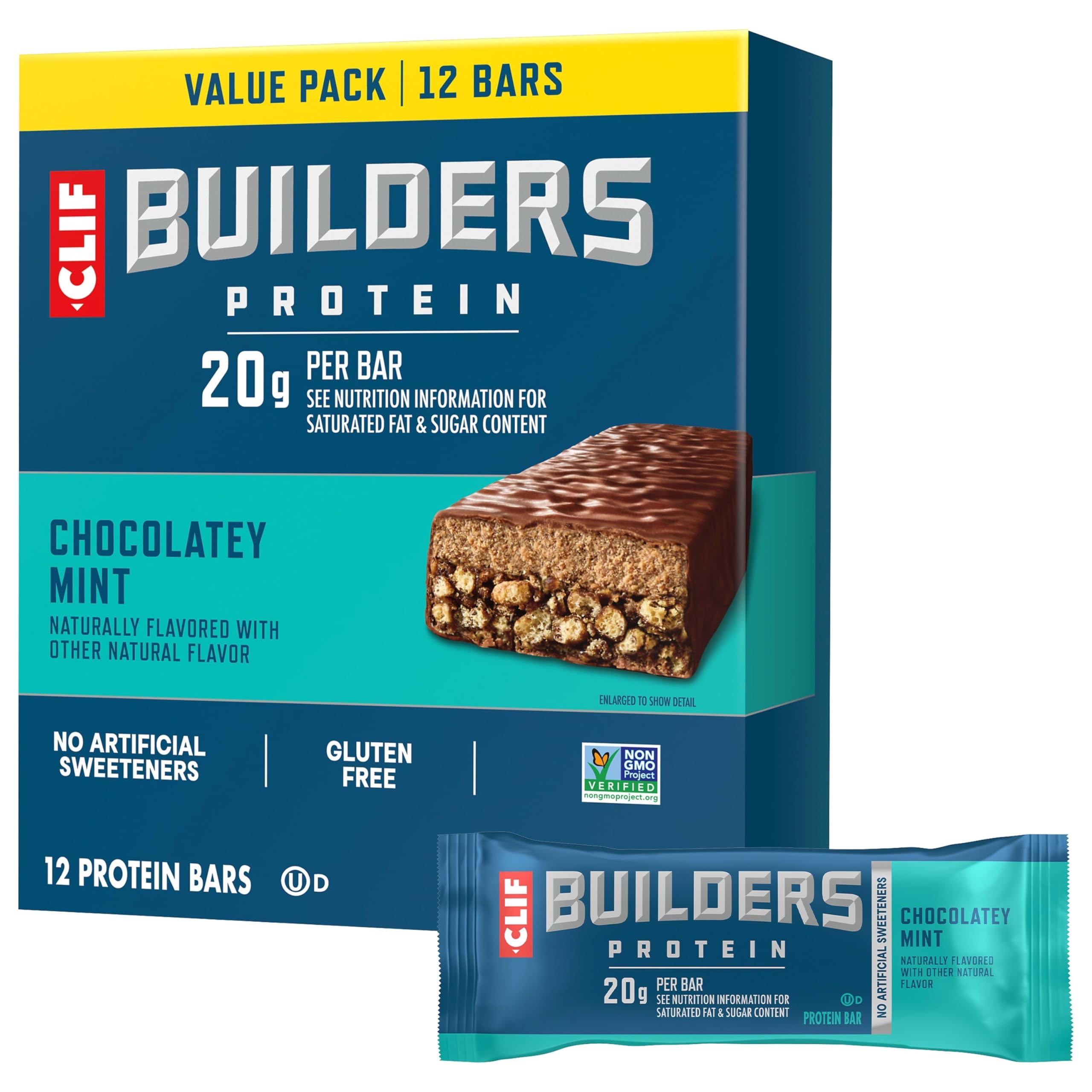 Clif Builder's - Chocolate Mint Flavour - Vegetable Protein Bars - Gluten Free - GMO Free - Low Glycemic - 20g Protein - 68ml (Pack of 12)
