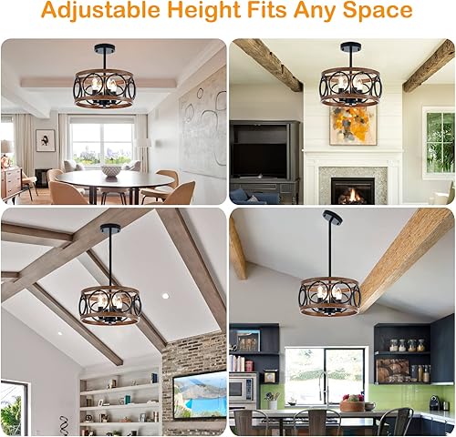 Miniatura 7 de Lámpara colgante de tambor de granja de 4 luces, 12.6 pulgadas, textura de madera natural, candelabros rústicos vintage, lámparas colgantes 12.6in-4