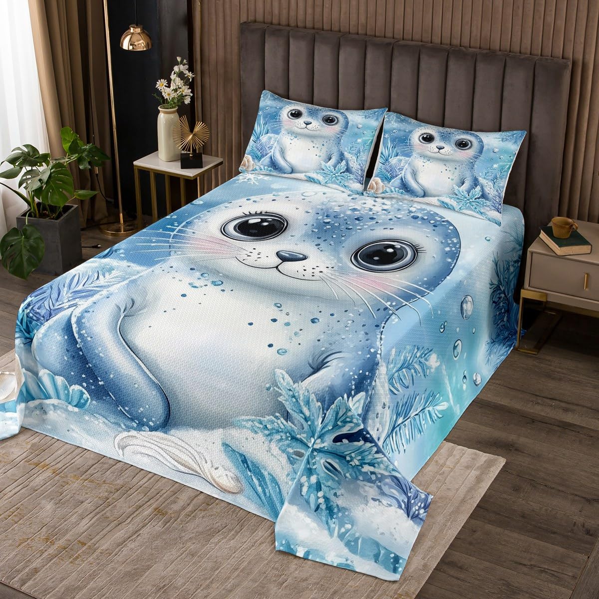 Manfei Kawaii Seal Kids Bedspread Twin Size,Underwater World Shell Coral Seaweed Coverlet Set,Boys Girls Room Decor,Cartoon Sea Lion Ocean Animal Quilted Coverlet,Blue Bedding Quilt,1 Pillowcase