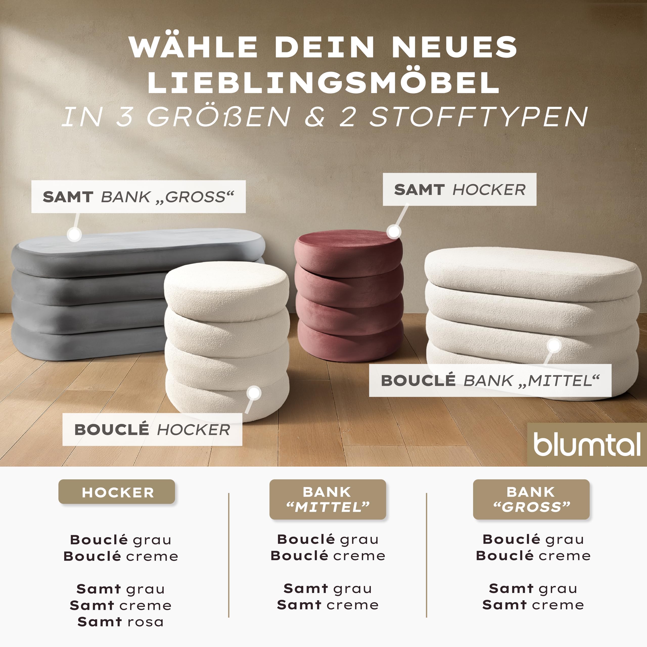 Blumtal Hocker mit Stauraum rund, Bouclé-Bezug - robuster Sitzhocker mit Stauraum & Bouclé-Stoff-Bezug 42 x 42 x 47 cm - kleiner Hocker Schminktisch - wunderschöner Bouclé-Look - Sitzhocker rund Creme