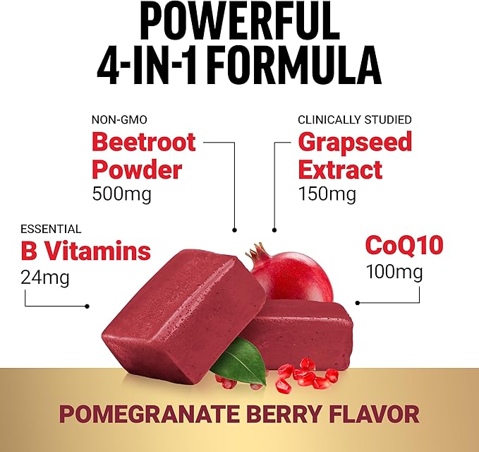 FORCE FACTOR Total Beets Ultimate Heart Health Chews for Blood Pressure Support, with Beetroot Powder, CoQ10, B Vitamins & Grapeseed Extract for Blood Flow & Energy, Pomegranate Berry, 60 Soft Chews