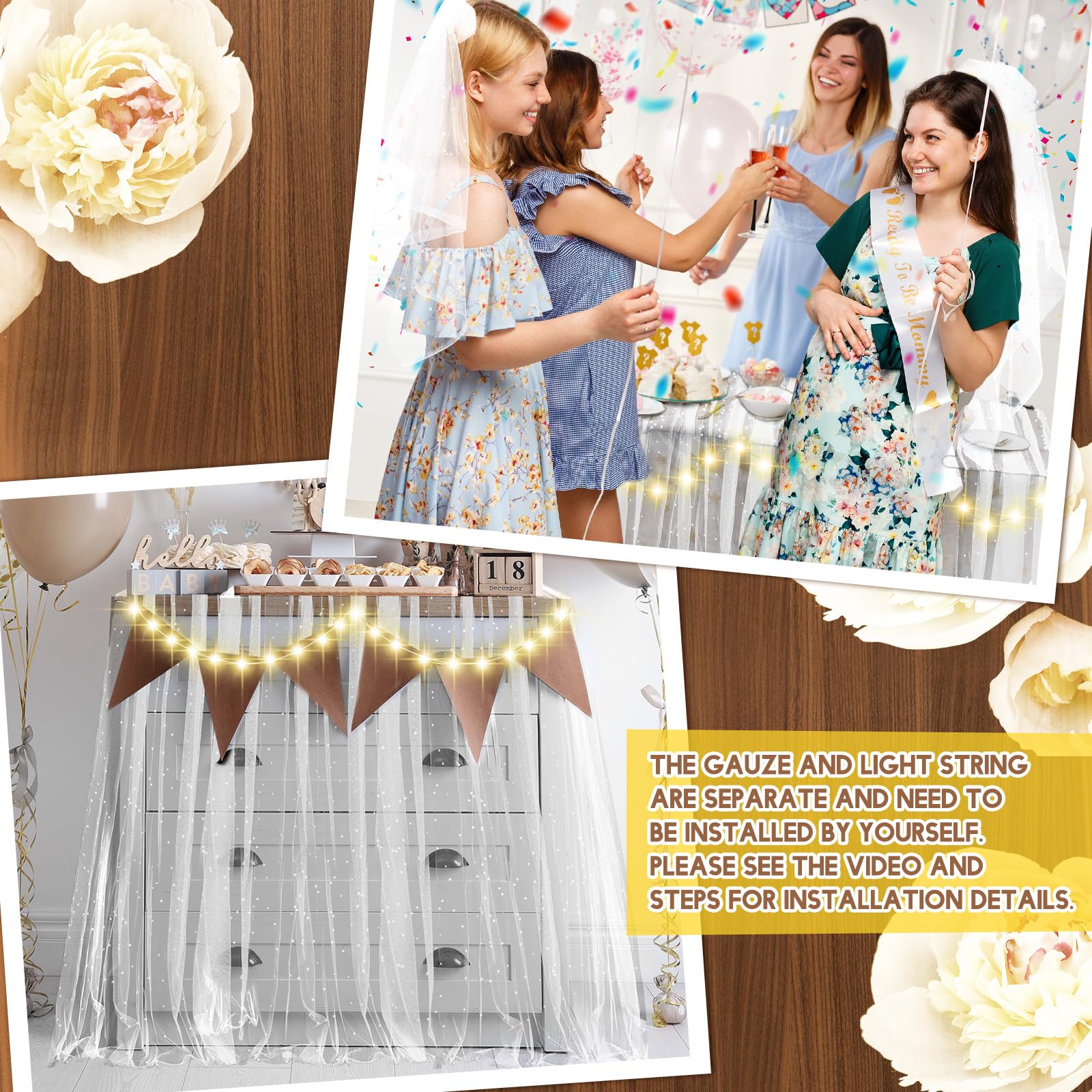 Kinlop Tischläufer zum Einstecken mit LED-Lichtern, 3 m, 162 x 305 cm, Weiß | Für Valentinstag, Hochzeit, Geburtstag, Babyparty-Zeremonie, weißer Chiffon-Tischrock, Tischdecke, Außendekoration
