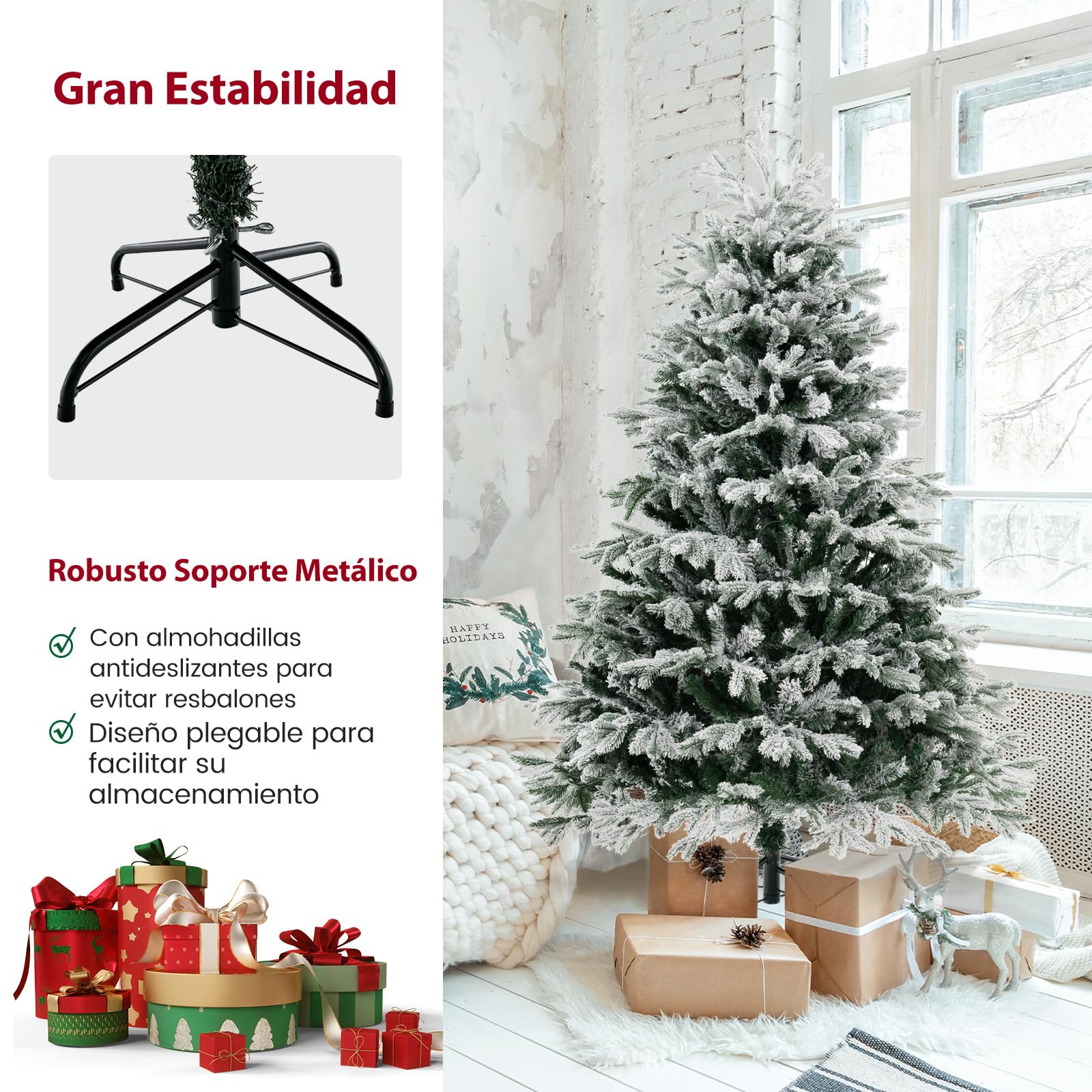 COSTWAY Arbol de Navidad Nevado con Luces 180cm, Arbol de Navidad con Luces Incorporadas, 350 Luces LED Blancas Cálidas, 1022 Puntas de PE y PVC, Arvore de Natal Hogar Oficina Tienda(180cm)