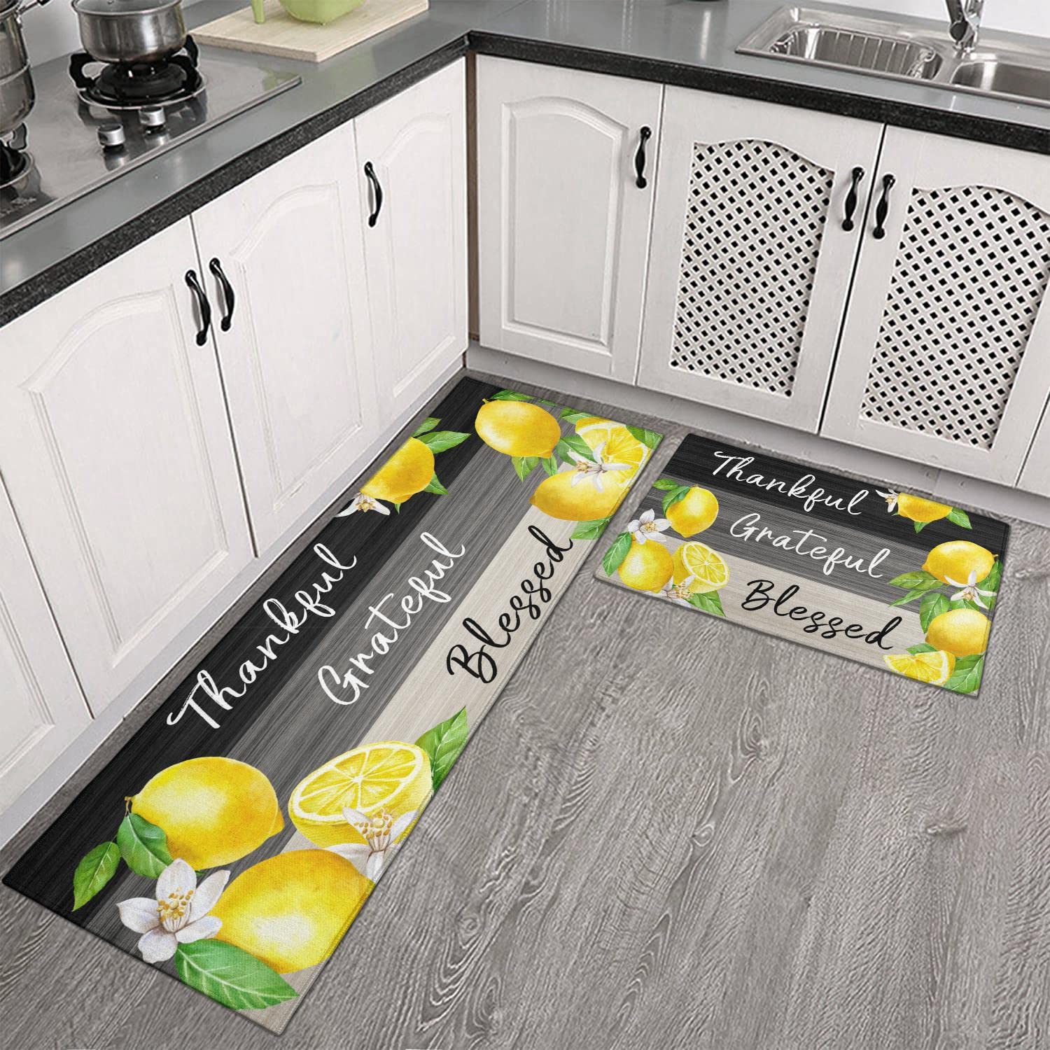 2 Pieces Lemon Kitchen Rug Vintage Lemon Anti Fatigue Mat Non Skid Washable Standing Mat Lemon Kitchen Runner Rug 17x30 17x48inch, Lemon Rugs-yellow - View #8