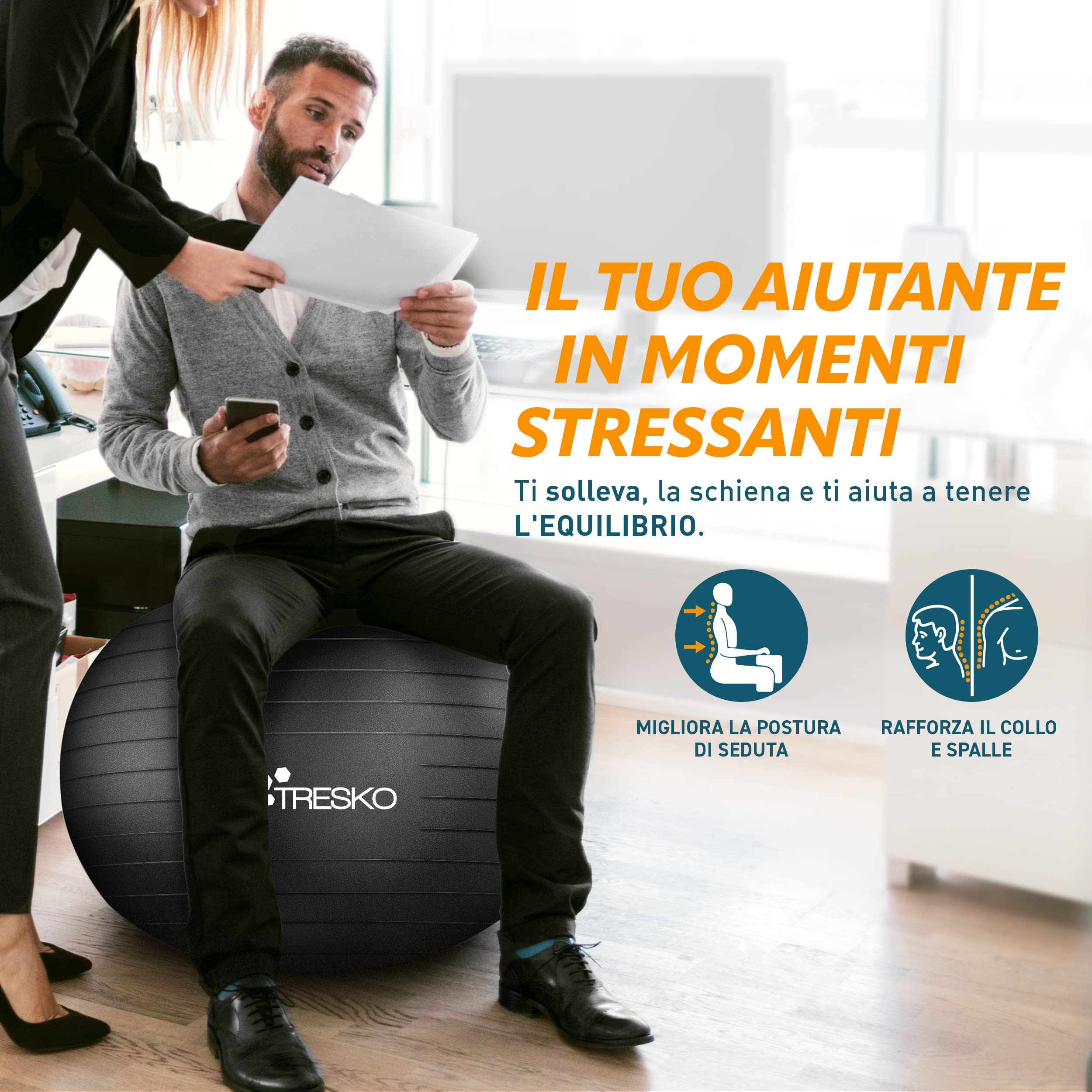 TRESKO Palla Fitness, Palla Pilates Anti-Scoppio 55cm/65cm/75cm/85cm Palla da Ginnastica con Pompa Rapida per Fitness Yoga e Pilates