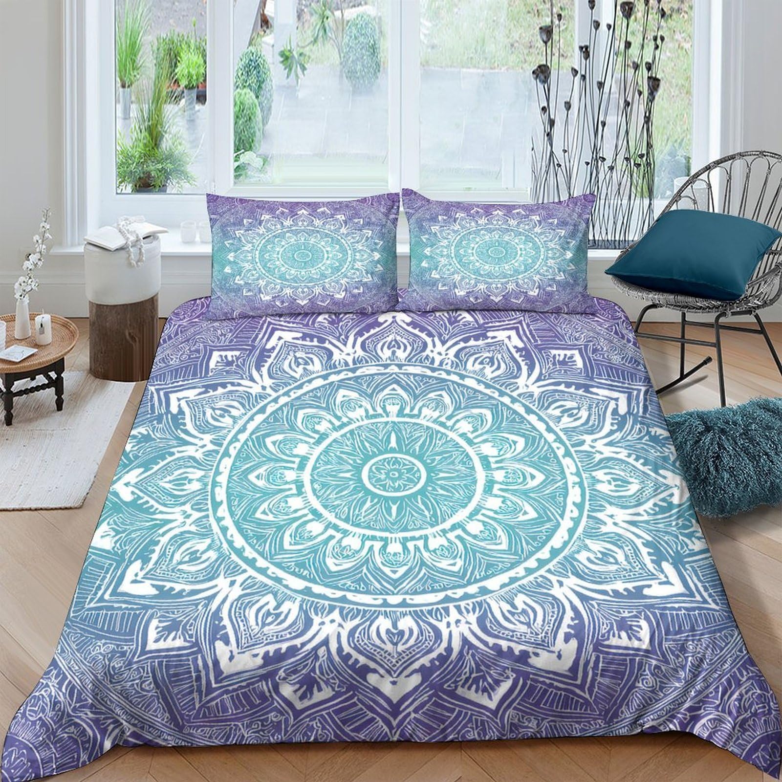 GPLZQXKJNH 3D Printed Mandala Gradient Duvet Cover Microfiber Soft Breathable Boho Floral Bedding Set with 2 Pillowcases for Bedroom Decor Single（135x200cm）