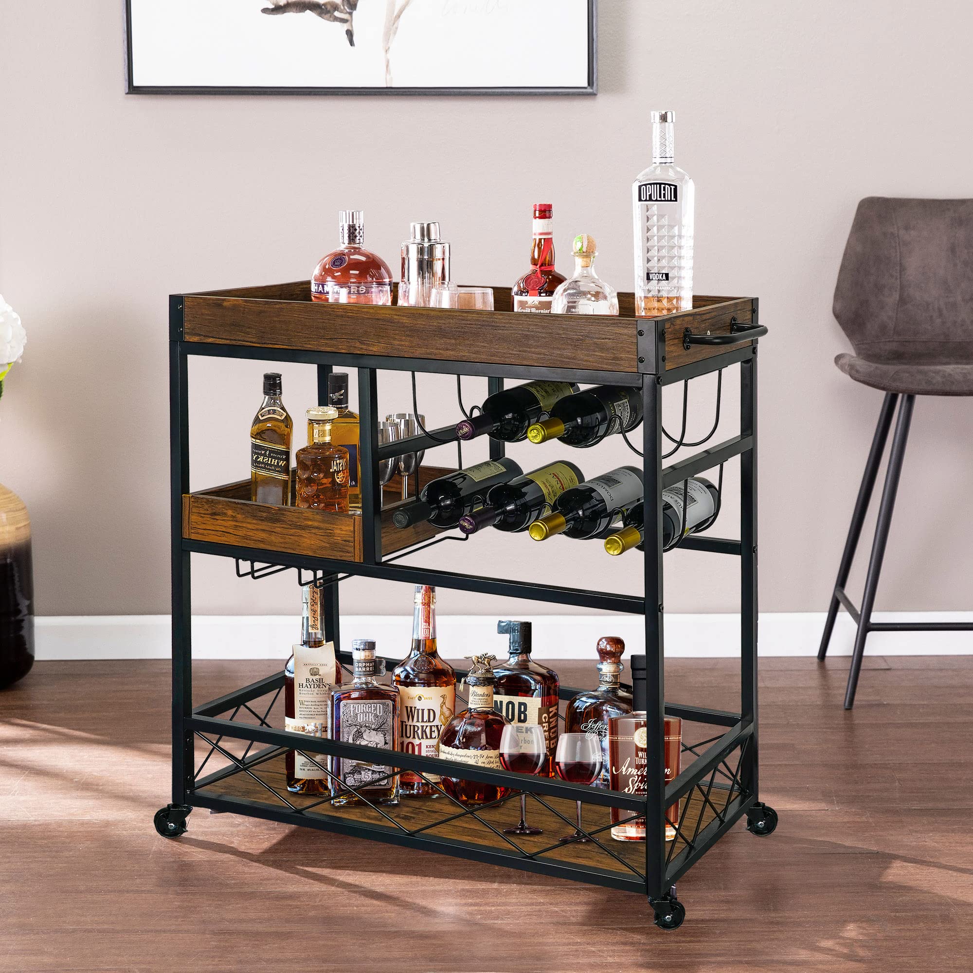 Bar Cart Kitchen Serving Cart with Storage Rolling Liquor Trolley with