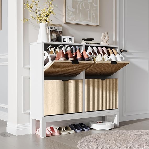 GAOMON Shoe Cabinet with 4 Flip Drawers, Entryway Cabinet with Adjustable Shelves, Accommodate 16 to 20 Pair of Shoes, Space-Saving Slim Shoe Cabinet for Entryway, Hallway, Front Door, White Oak