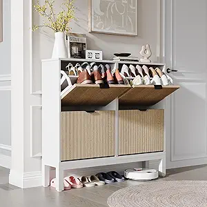 GarveeHome Fluted Shoe Storage Cabinet with 4 Flip Drawers, Narrow Wooden Shoe Organizer with Metal Legs, Modern Farmhouse Hidden Shoe Rack for Entryway, Hallway, White+Oak