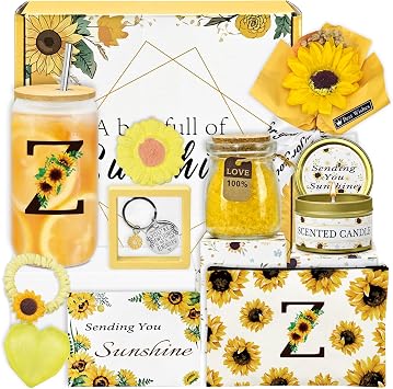 12pcs Personalized Gifts for Women,Sunflower Initial Glass Cup,Sunshine Get Well Soon Presents for Teacher,Mom,Sister,Coworker,Birthday Box for Her-Z