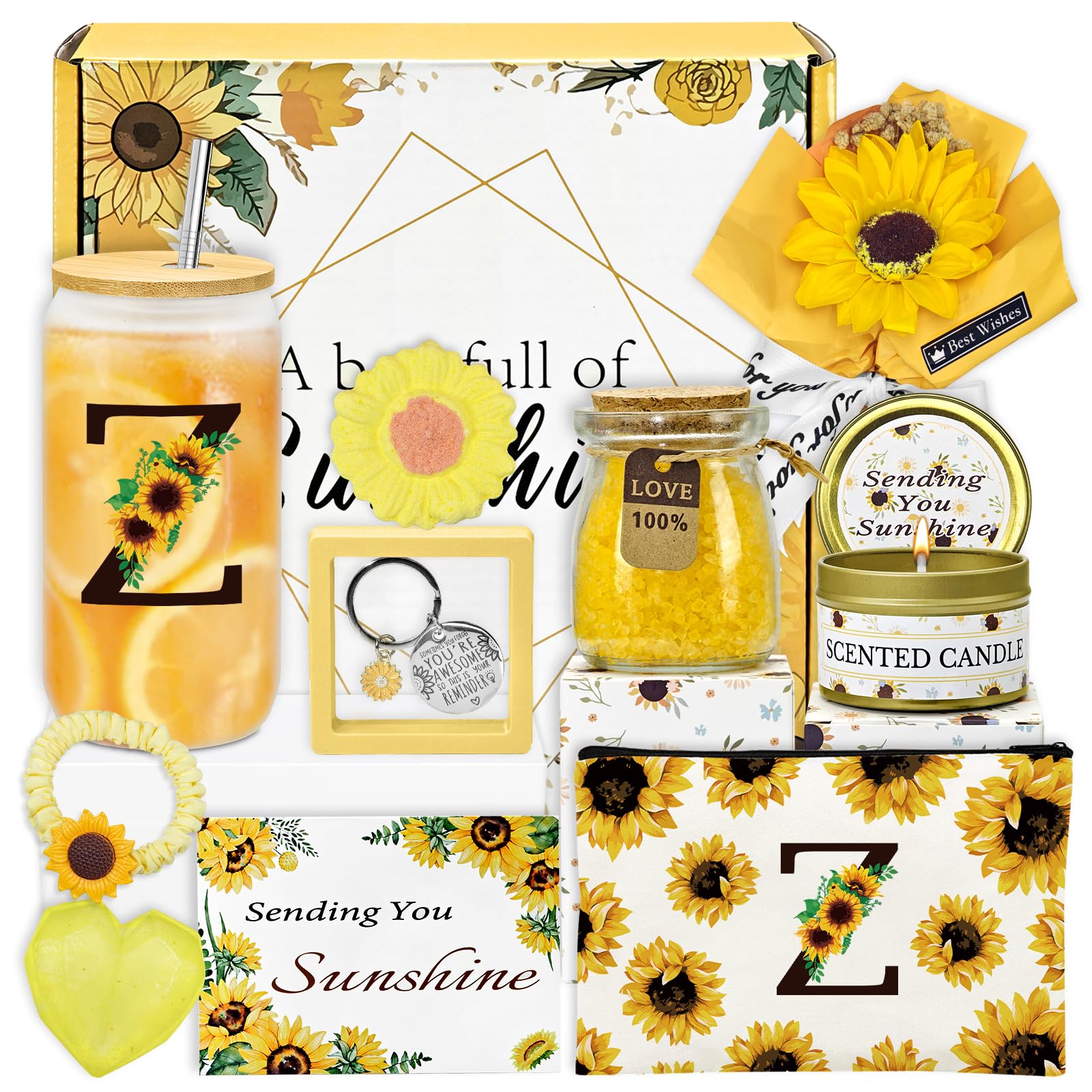 Amgkonp 12pcs Personalized Gifts for Women,Sunflower Initial Glass Cup,Sunshine Get Well Soon Presents for Teacher,Mom,Sister,Coworker,Birthday Box